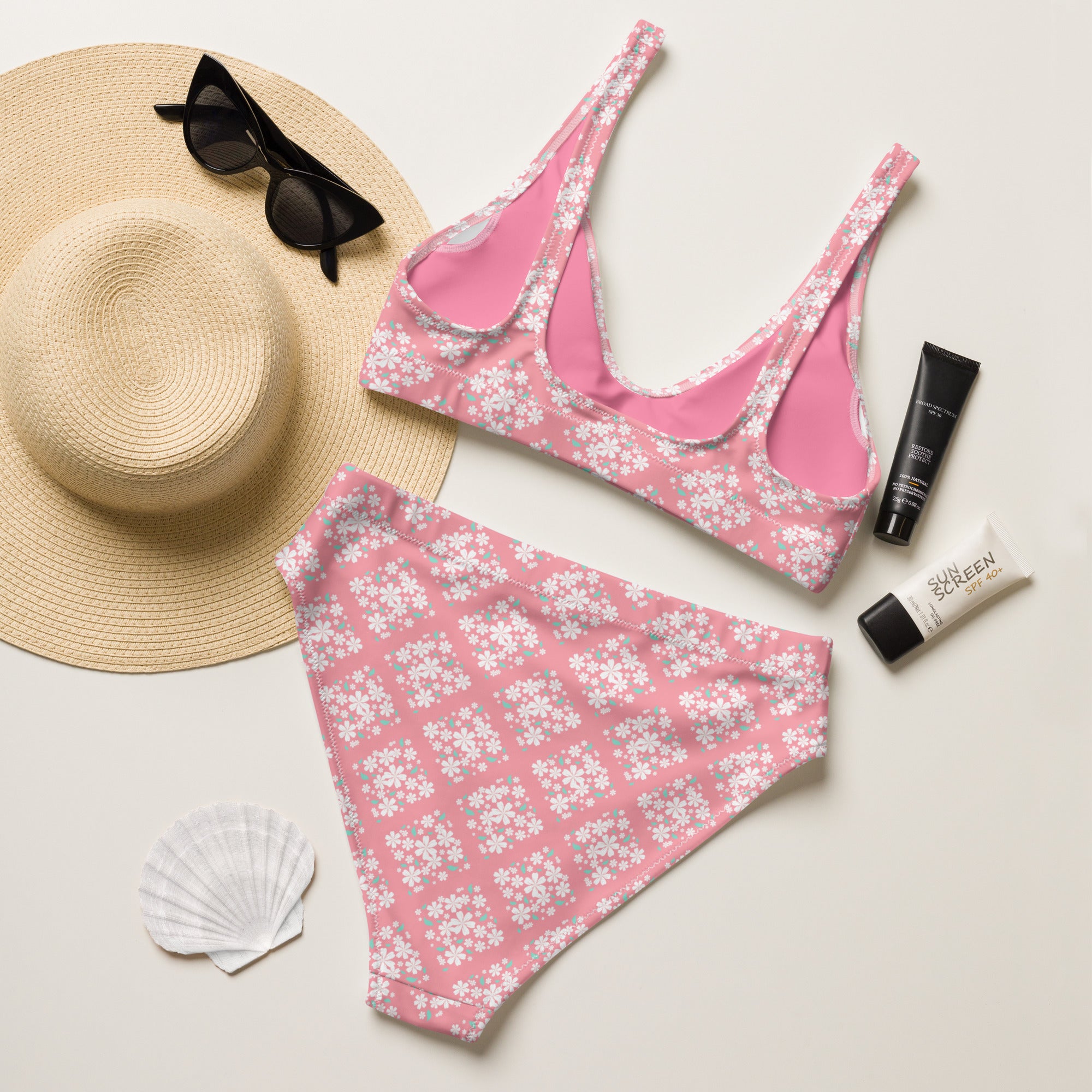 Women's Pink Floral Tile Recycled Bikini - Removable Padding, Buttery Soft Quick-Drying UPF 50+ Fabric
