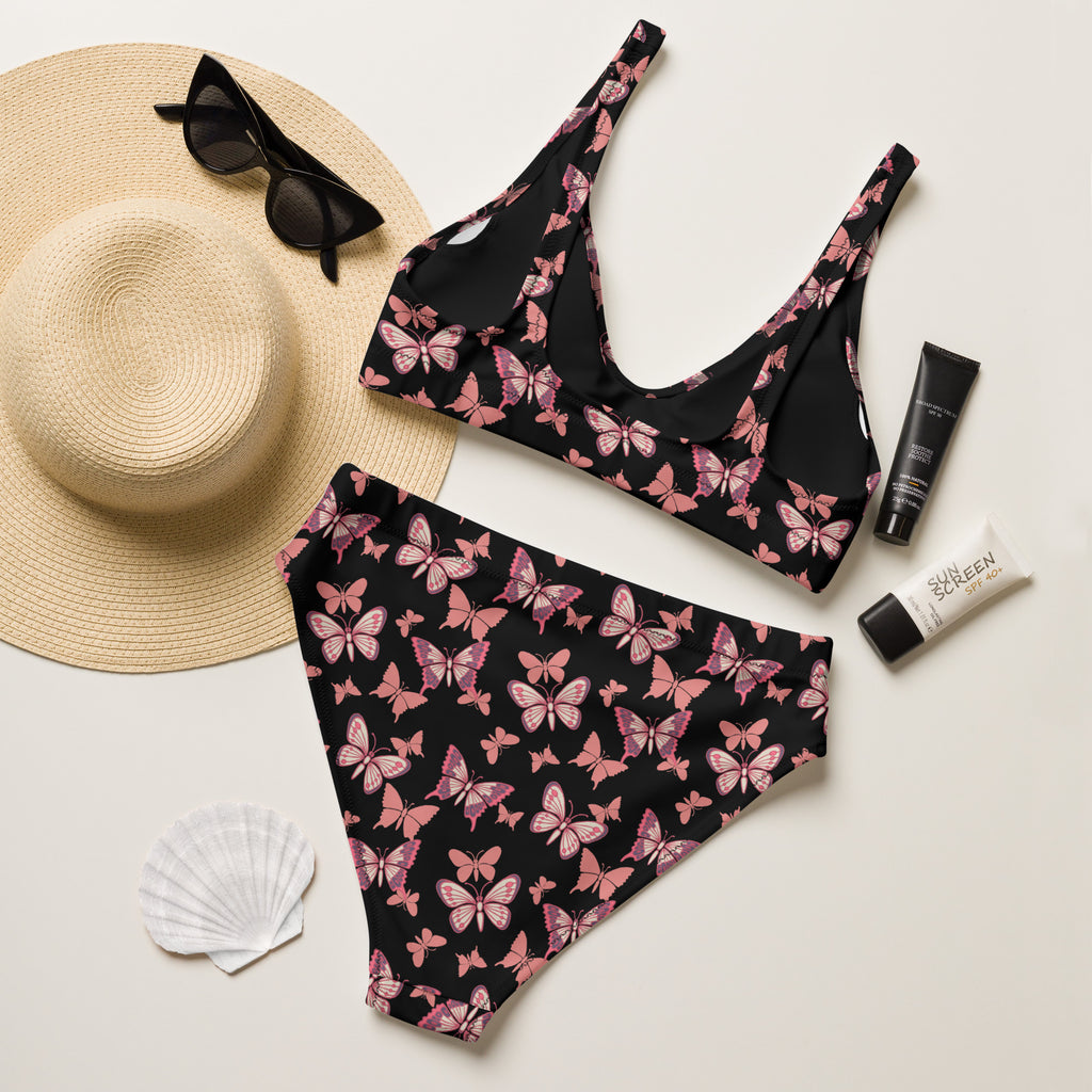 Women's Pink Butterflies Recycled Bikini - Removable Padding, Buttery Soft Quick-Drying UPF 50+ Fabric