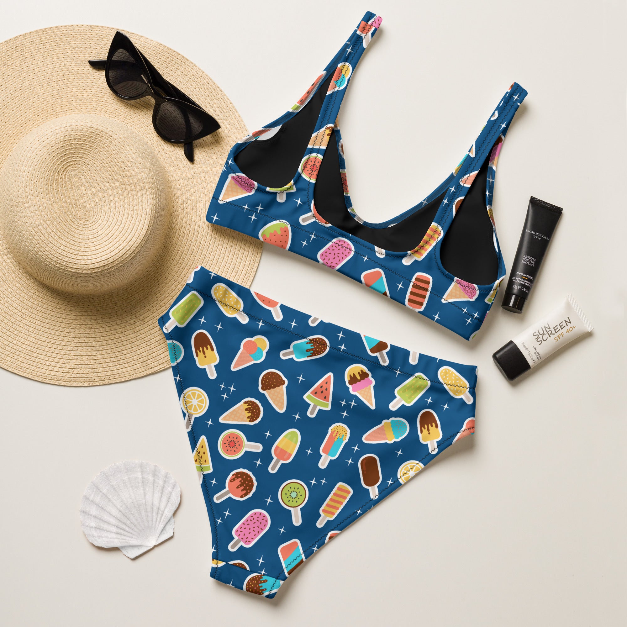 Women's Blue Ice Cream Popsicle Recycled Bikini - Removable Padding, Buttery Soft Quick-Drying UPF 50+ Fabric