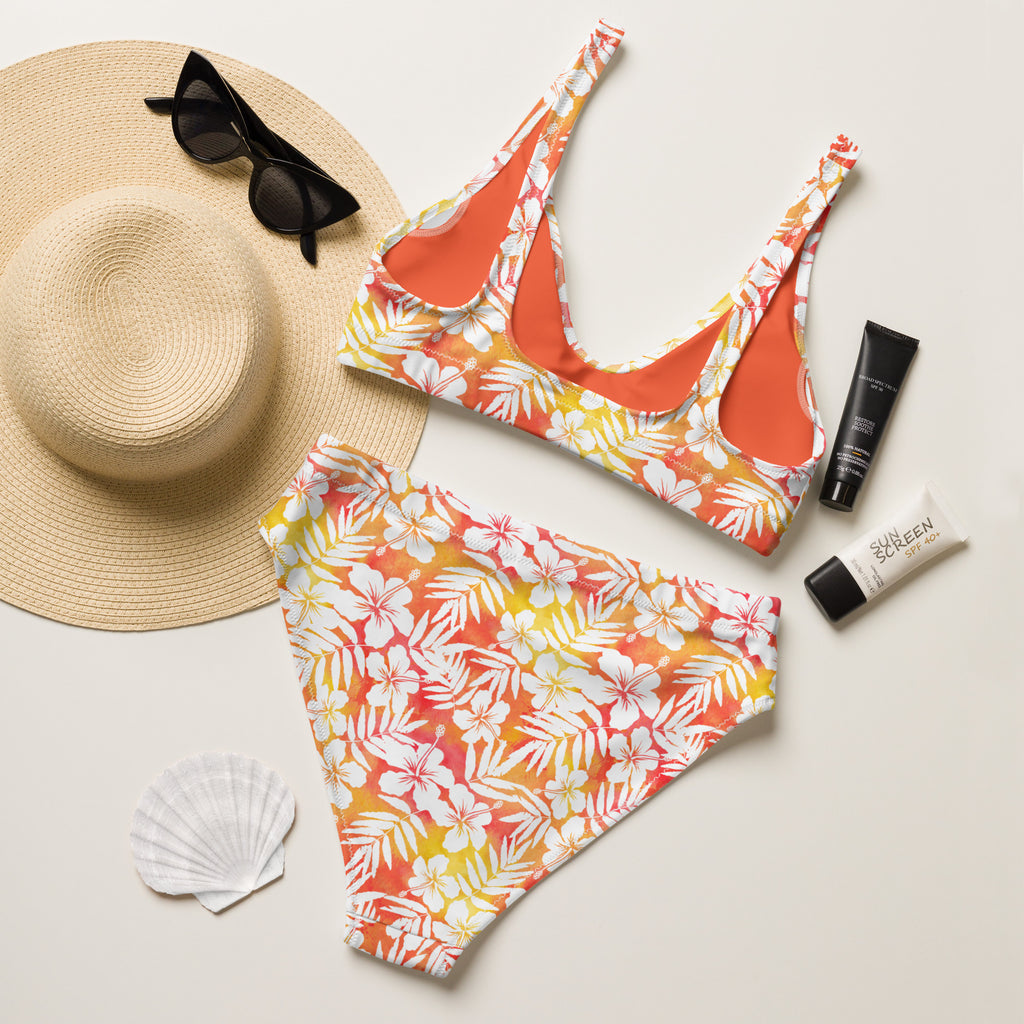 Women's Orange Tropical Floral Recycled Bikini - Removable Padding, Buttery Soft Quick-Drying UPF 50+ Fabric