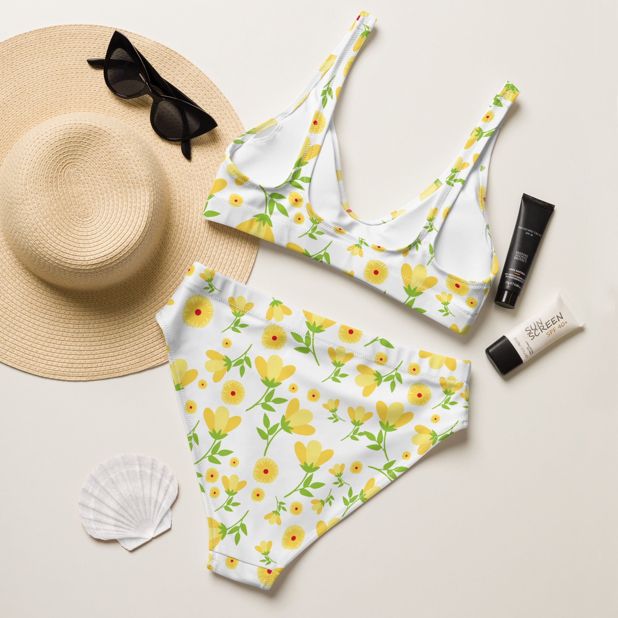 Women's Yellow Floral Recycled Bikini - Removable Padding, Buttery Soft Quick-Drying UPF 50+ Fabric
