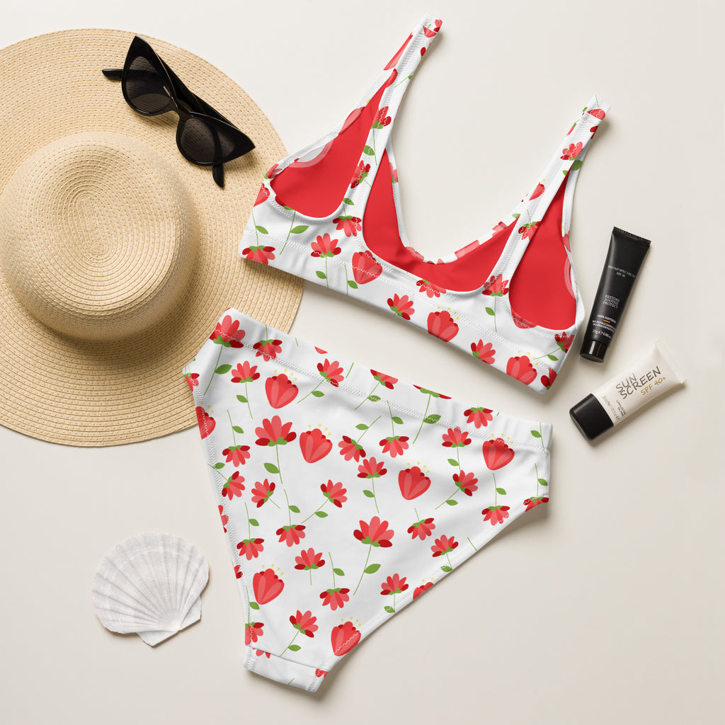 Women's Red Floral Recycled Bikini - Removable Padding, Buttery Soft Quick-Drying UPF 50+ Fabric