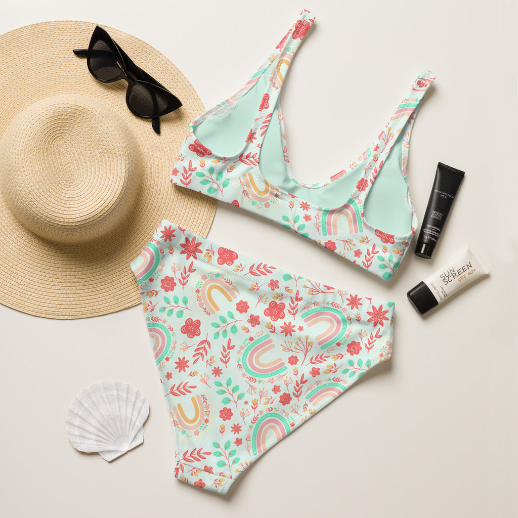Women's Mint Boho Rainbow Floral Recycled Bikini - Removable Padding, Buttery Soft Quick-Drying UPF 50+ Fabric