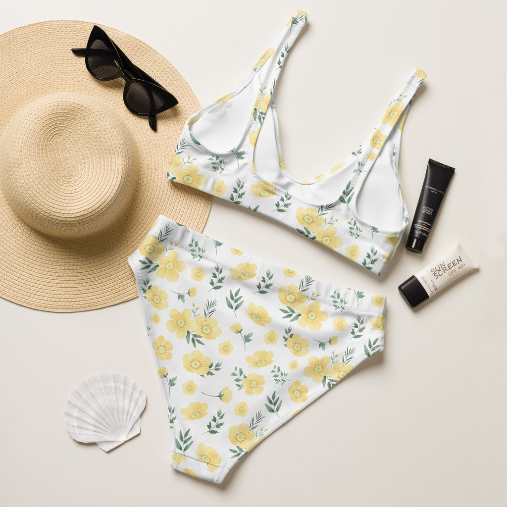 Women's Yellow Flowers Recycled Bikini - Removable Padding, Buttery Soft Quick-Drying UPF 50+ Fabric