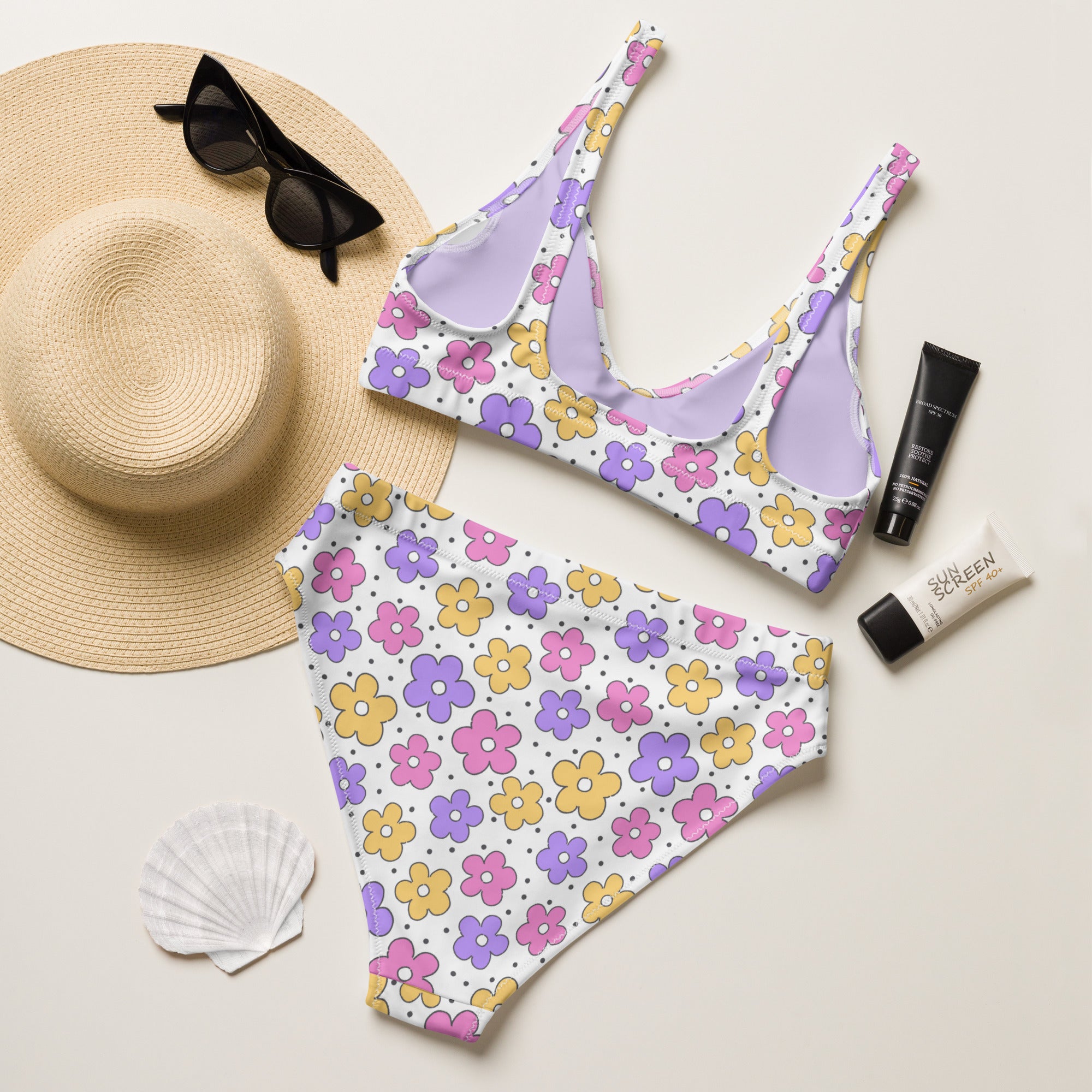 Women's Spring Retro Flowers Recycled Bikini - Removable Padding, Buttery Soft Quick-Drying UPF 50+ Fabric