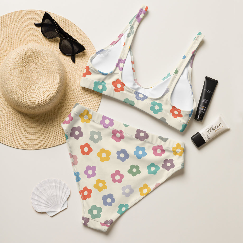 Women's Colorful Cream Retro Flower Recycled Bikini - Removable Padding, Buttery Soft Quick-Drying UPF 50+ Fabric
