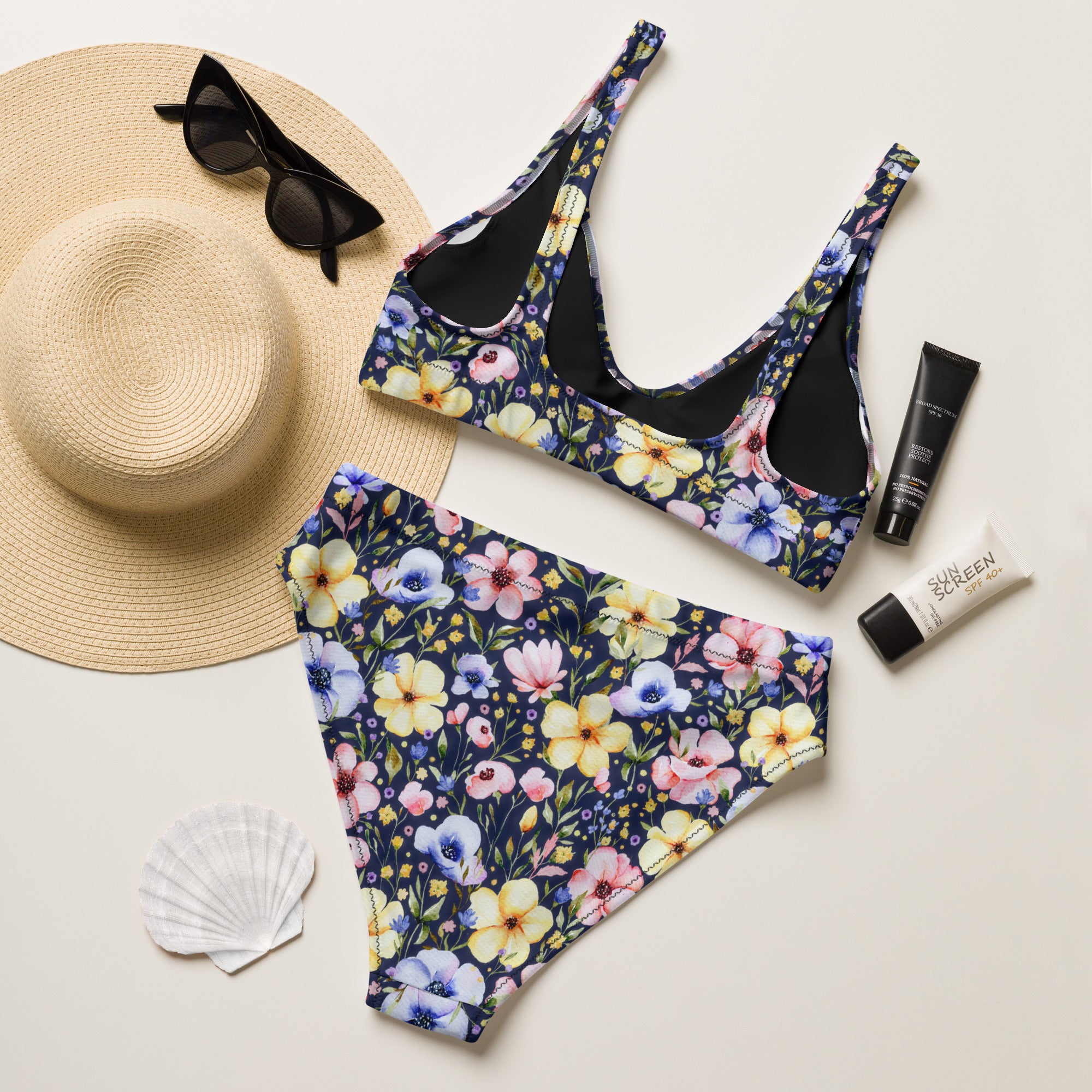 Women's Navy Watercolor Floral Recycled Bikini - Removable Padding, Buttery Soft Quick-Drying UPF 50+ Fabric