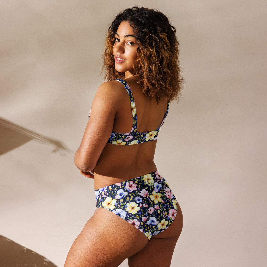 Women's Navy Watercolor Floral Recycled Bikini - Removable Padding, Buttery Soft Quick-Drying UPF 50+ Fabric