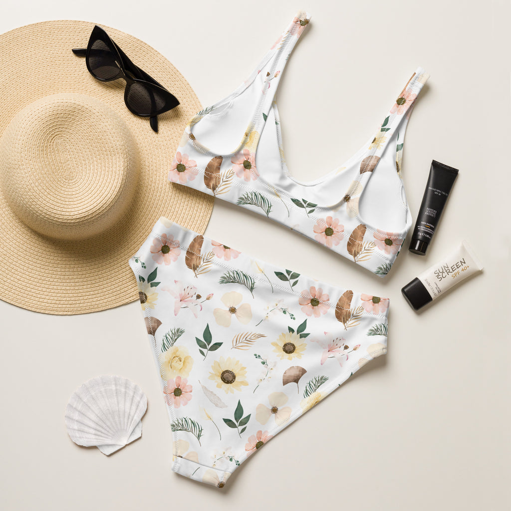 Women's White Boho Floral Recycled Bikini - Removable Padding, Buttery Soft Quick-Drying UPF 50+ Fabric