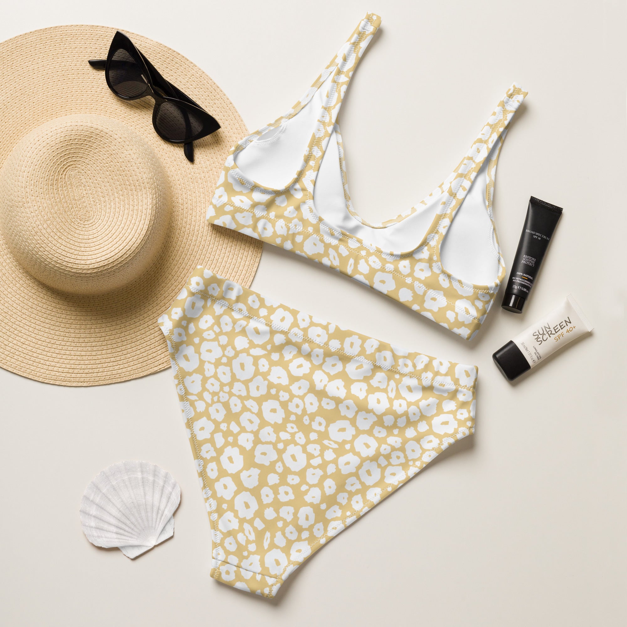 Women's Beige Leopard Print Recycled Bikini - Removable Padding, Buttery Soft Quick-Drying UPF 50+ Fabric