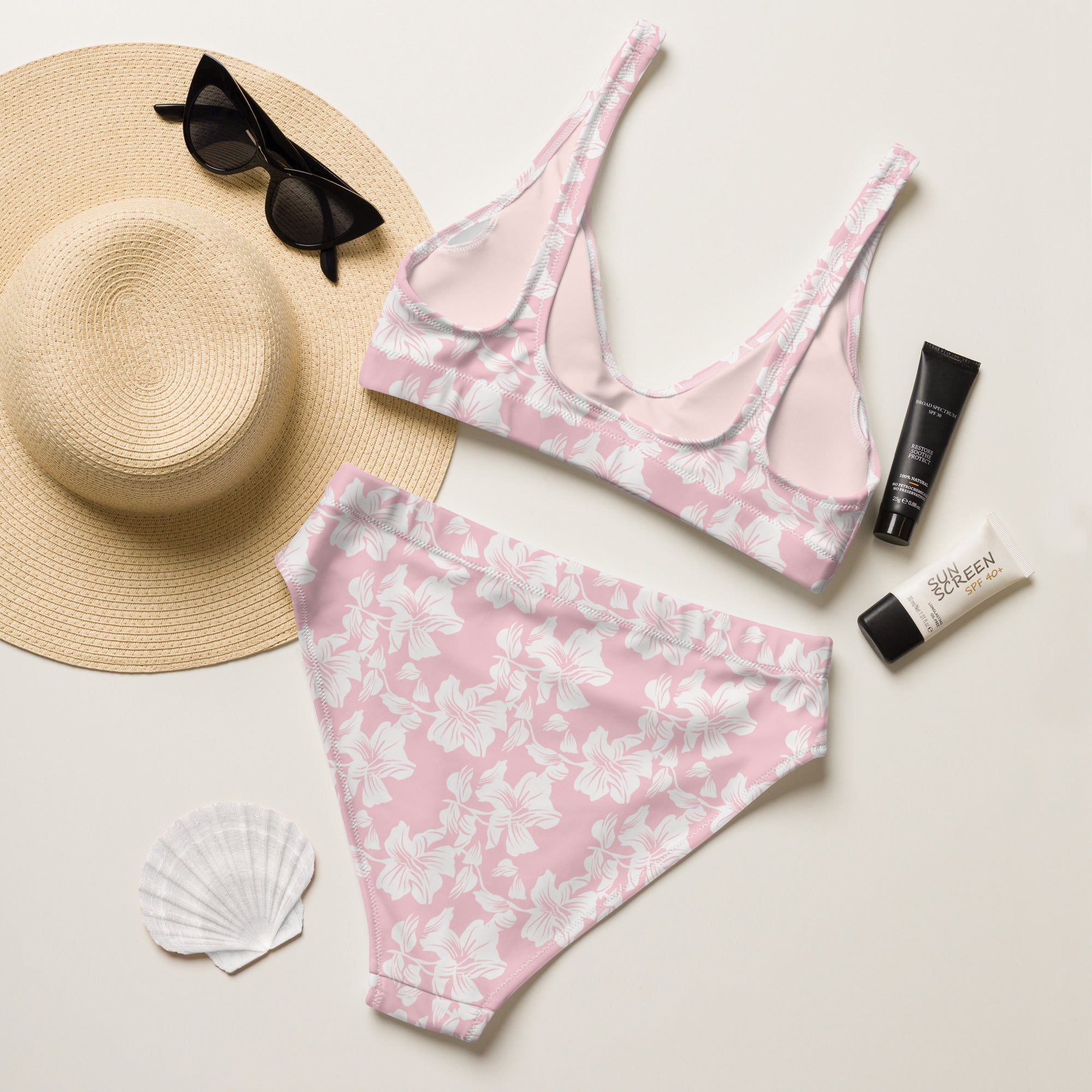 Women's Pink Tropical Floral Recycled Bikini - Removable Padding, Buttery Soft Quick-Drying UPF 50+ Fabric