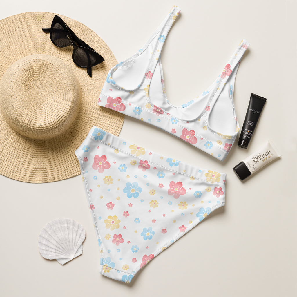 Women's White Pastel Floral Recycled Bikini - Removable Padding, Buttery Soft Quick-Drying UPF 50+ Fabric