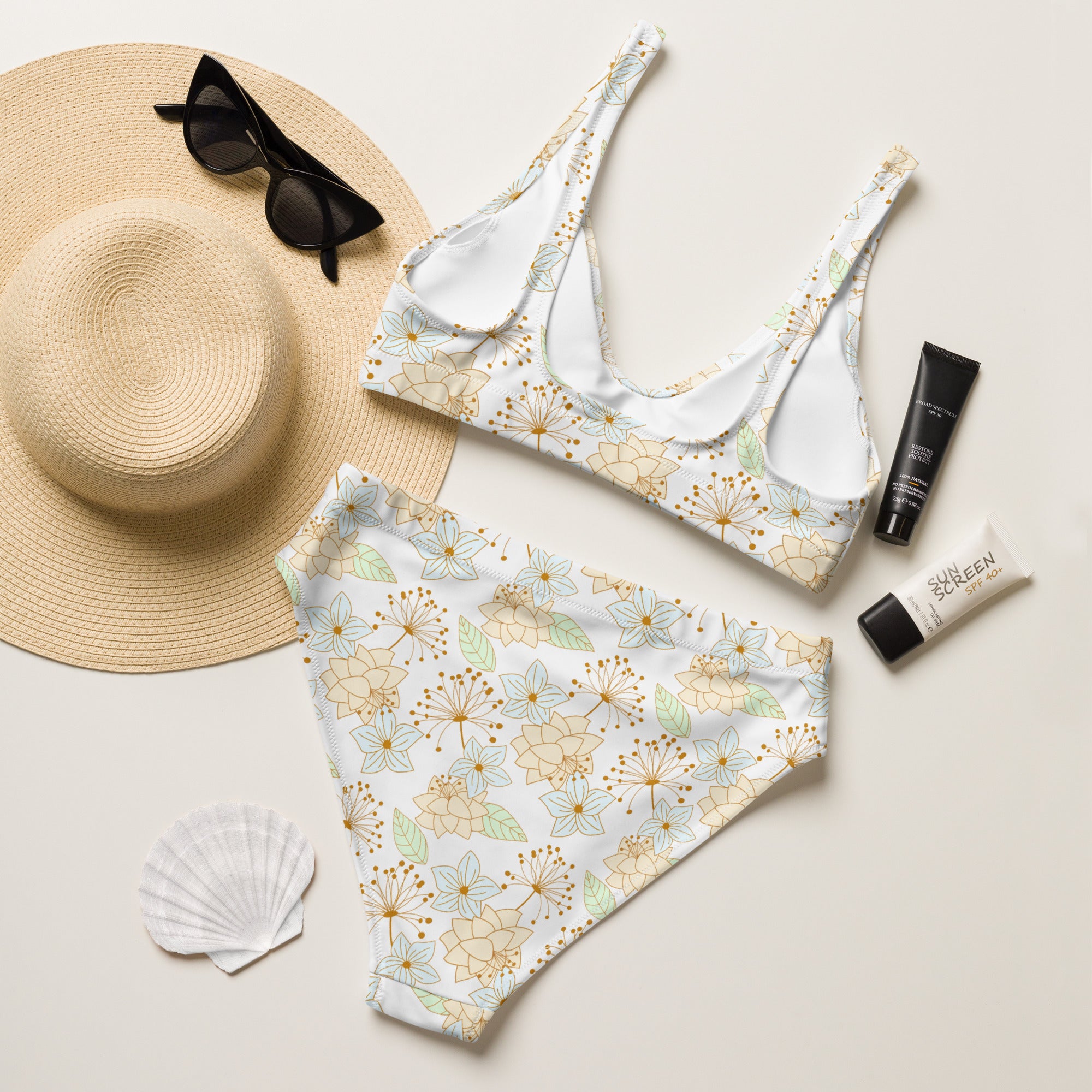 Women's White Gold Floral Recycled Bikini - Removable Padding, Buttery Soft Quick-Drying UPF 50+ Fabric