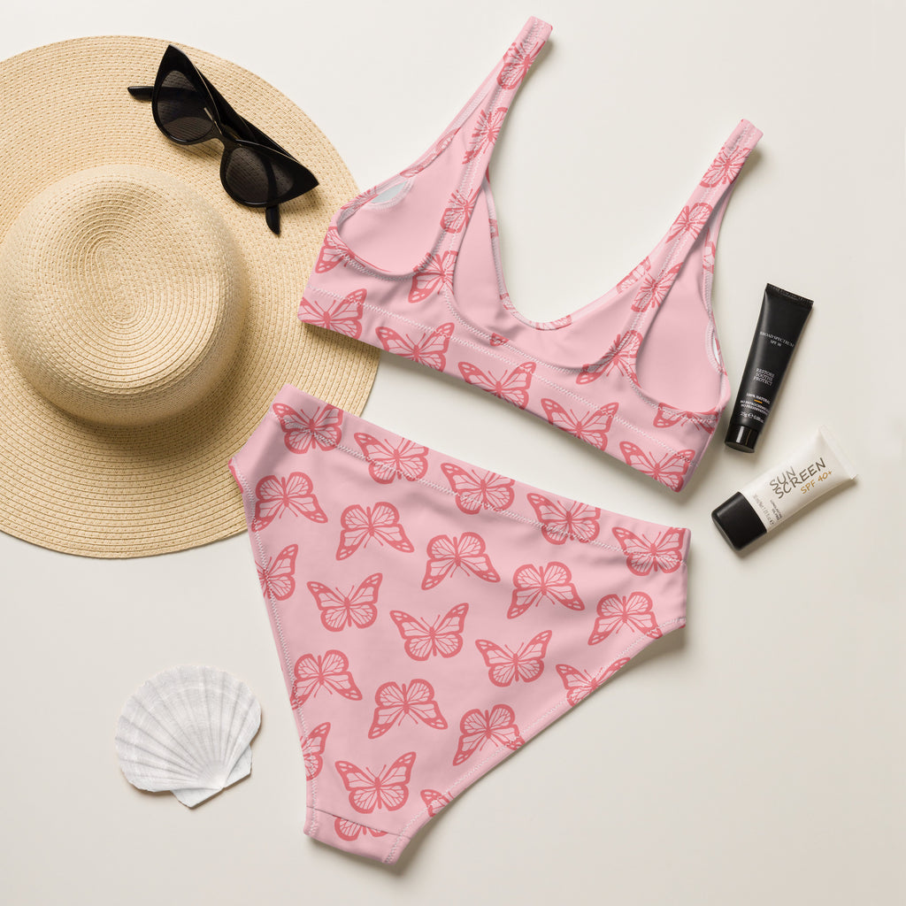 Women's Pink Butterfly Recycled Bikini - Removable Padding, Buttery Soft Quick-Drying UPF 50+ Fabric