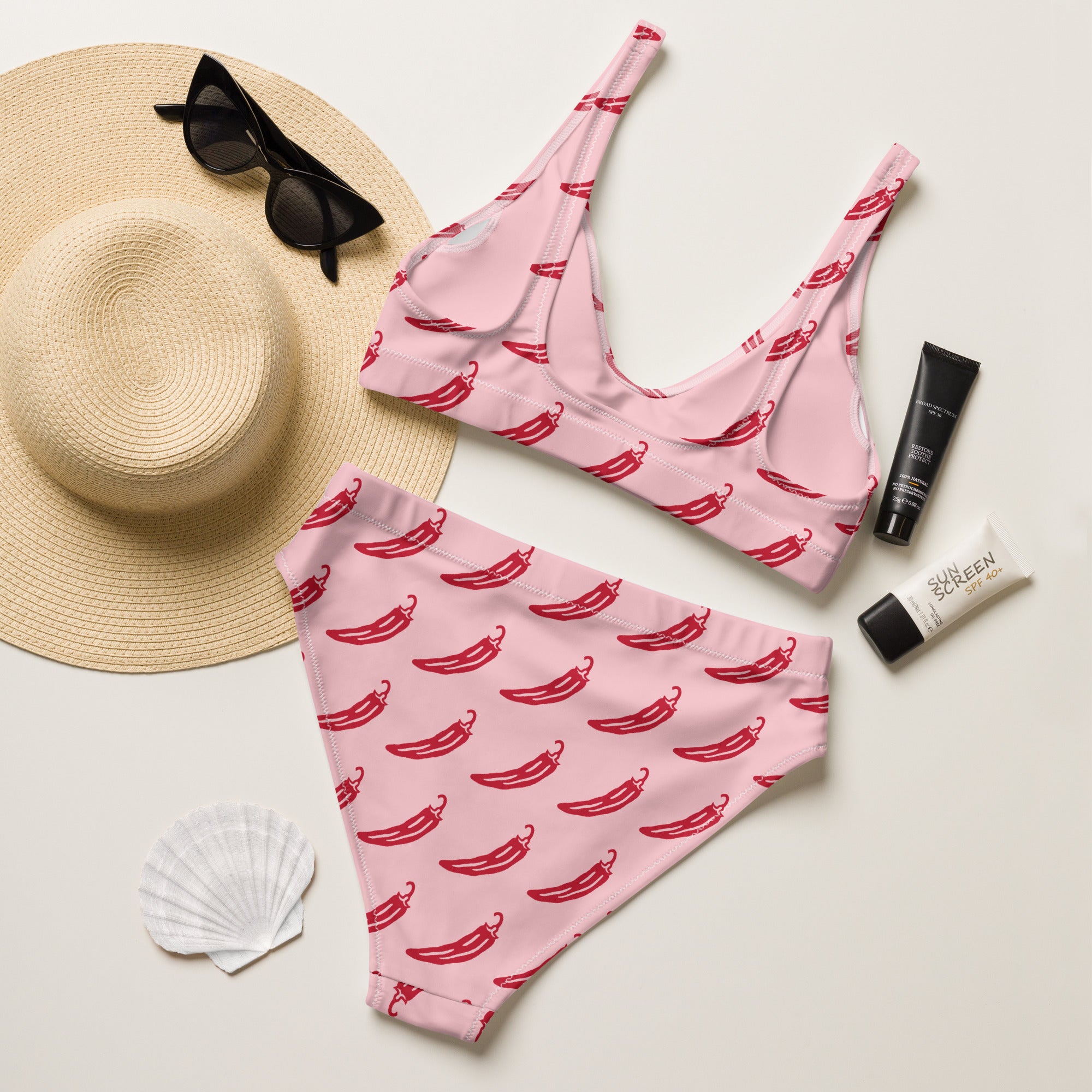 Women's Pink Chili Pepper Recycled Bikini - Removable Padding, Buttery Soft Quick-Drying UPF 50+ Fabric