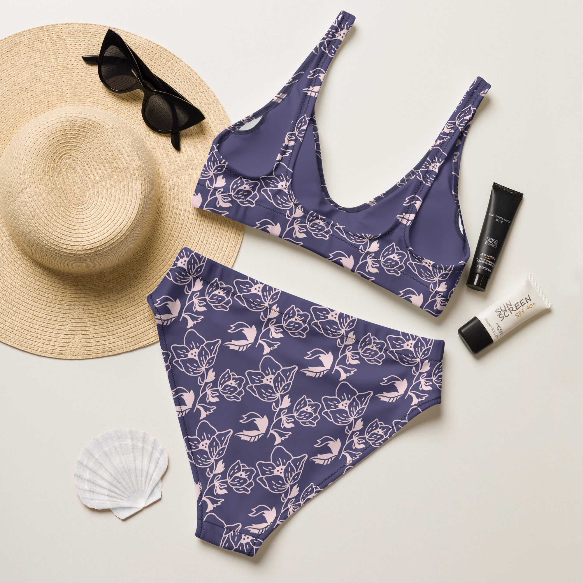 Women's Tropical Purple Floral Recycled Bikini - Removable Padding, Buttery Soft Quick-Drying UPF 50+ Fabric