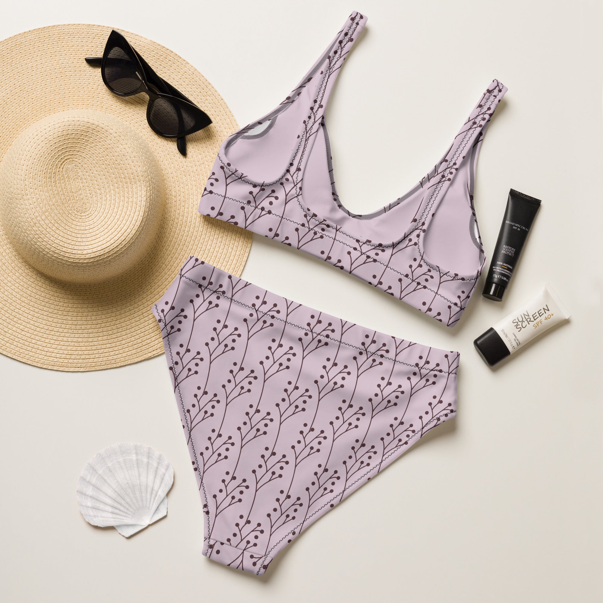 Women's Lavender Botanical Recycled Bikini - Removable Padding, Buttery Soft Quick-Drying UPF 50+ Fabric