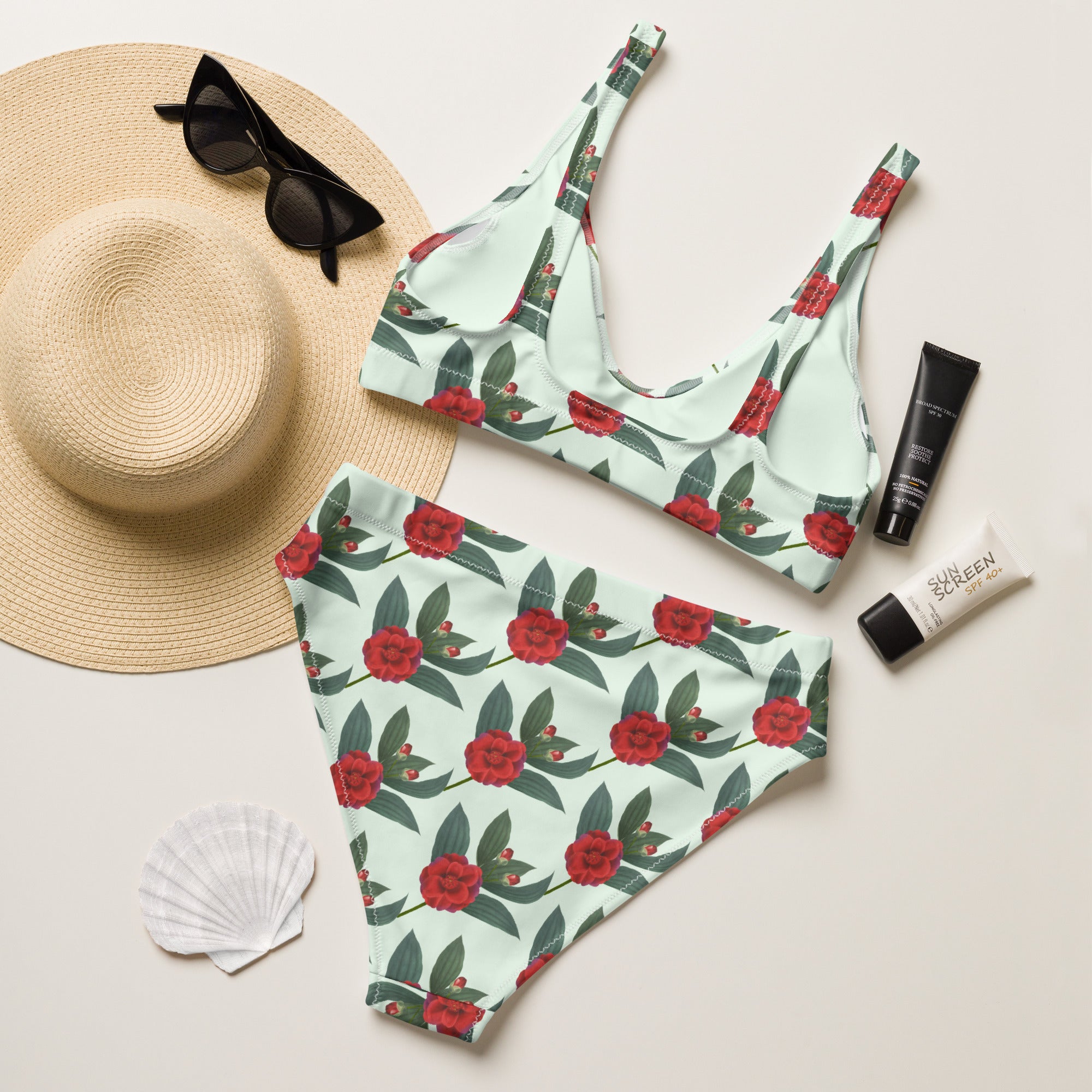 Women's Mint Red Rose Recycled Bikini - Removable Padding, Buttery Soft Quick-Drying UPF 50+ Fabric