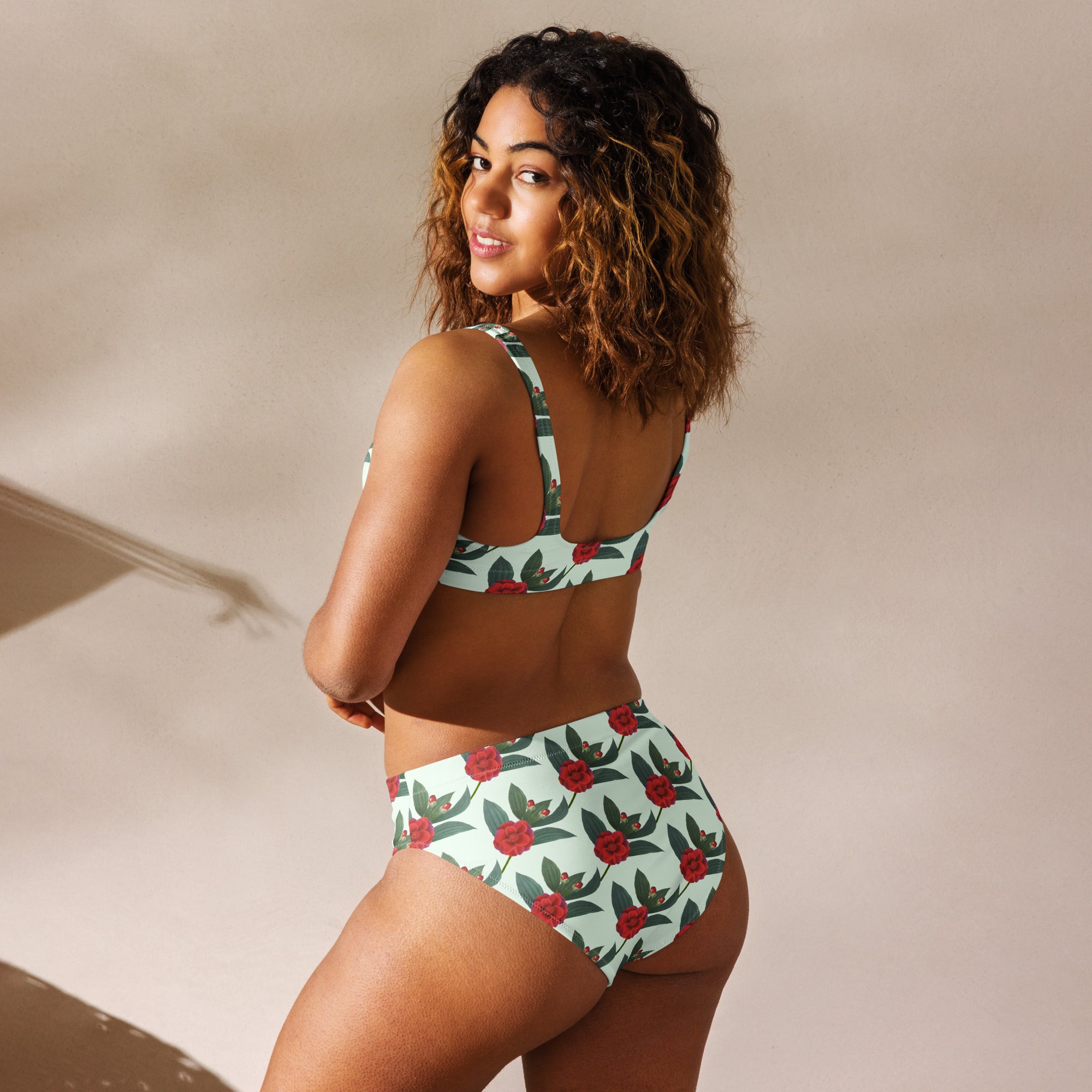 Women's Mint Red Rose Recycled Bikini - Removable Padding, Buttery Soft Quick-Drying UPF 50+ Fabric