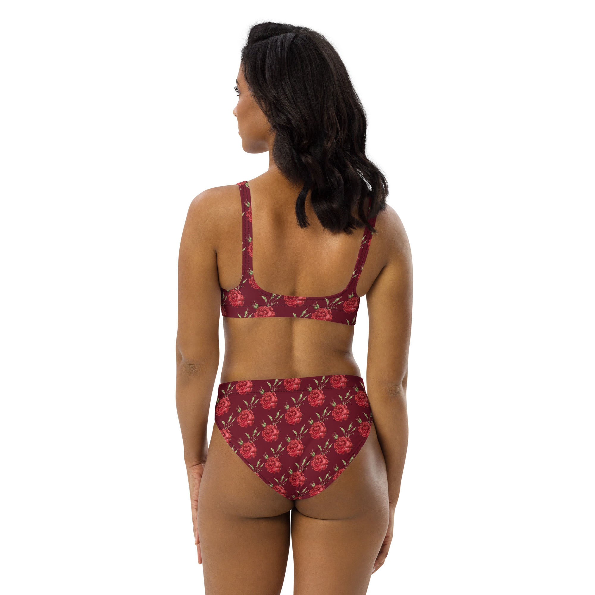 Women's Burgundy Red Rose Recycled Bikini - Removable Padding, Buttery Soft Quick-Drying UPF 50+ Fabric