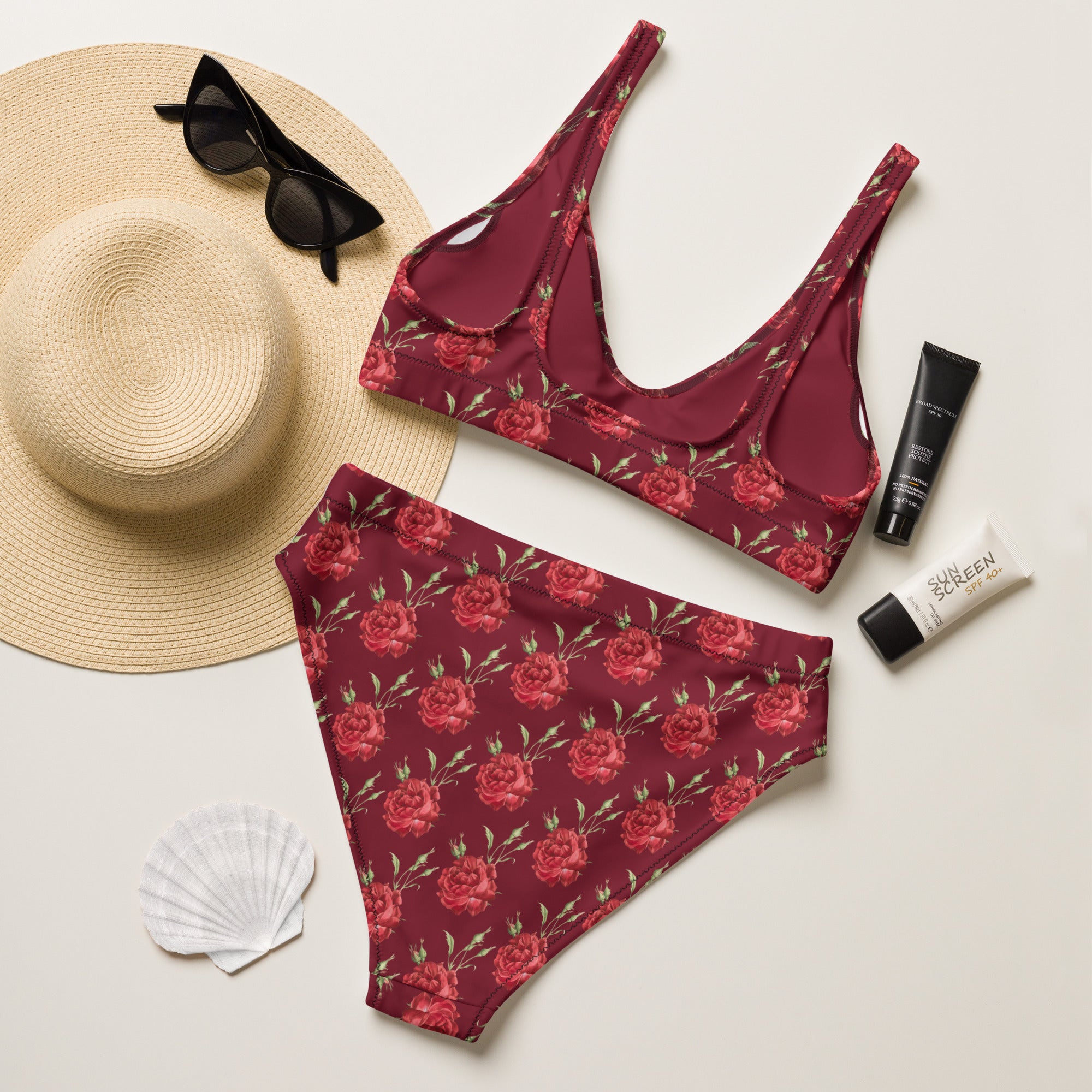 Women's Burgundy Red Rose Recycled Bikini - Removable Padding, Buttery Soft Quick-Drying UPF 50+ Fabric