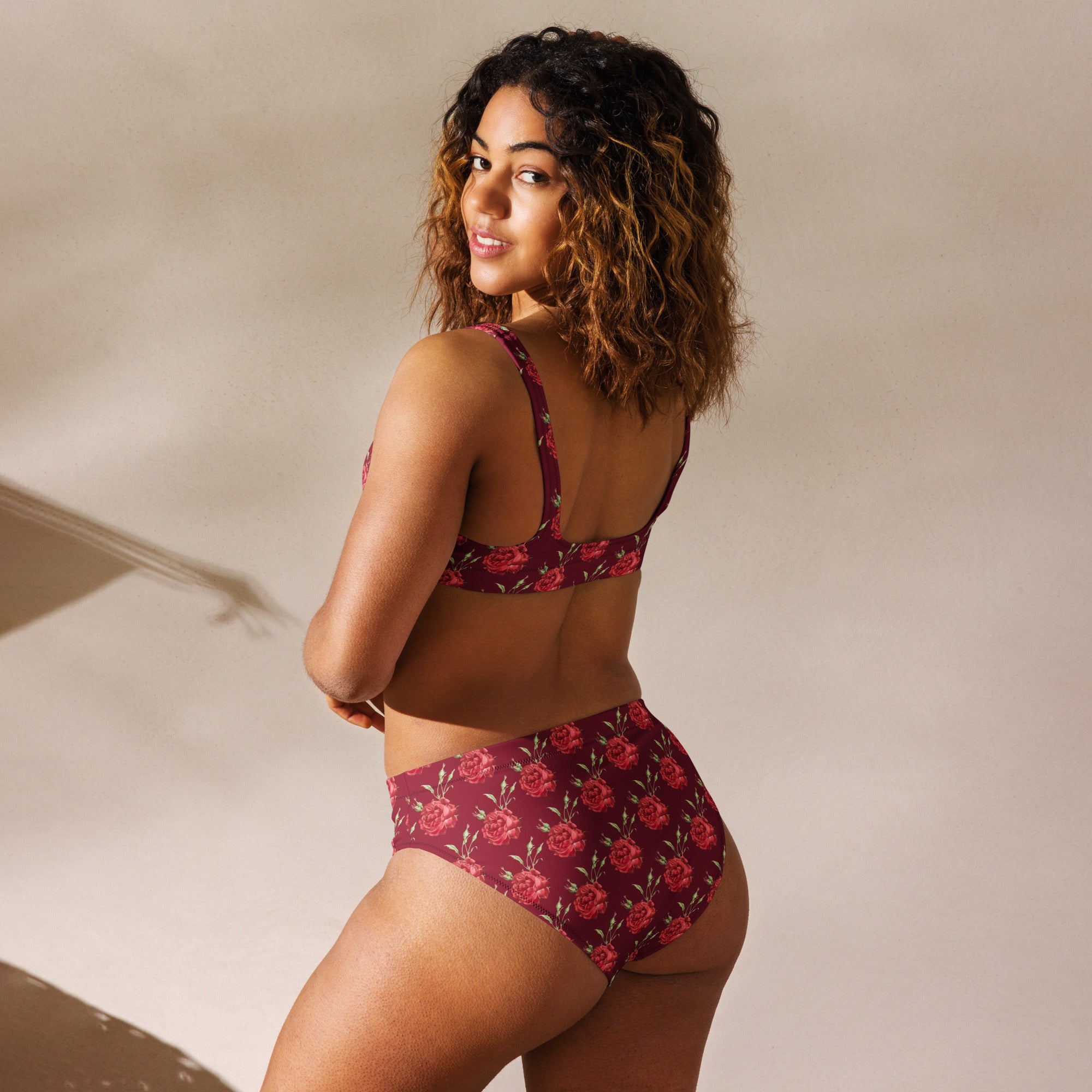 Women's Burgundy Red Rose Recycled Bikini - Removable Padding, Buttery Soft Quick-Drying UPF 50+ Fabric