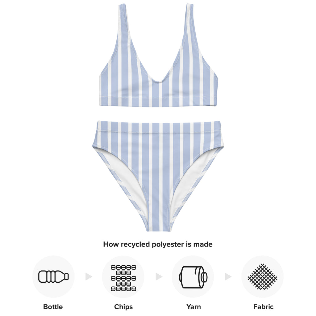 Women’s blue and white striped padded two-piece bikini made of recycled polyester with quick drying fabric and upf 50+