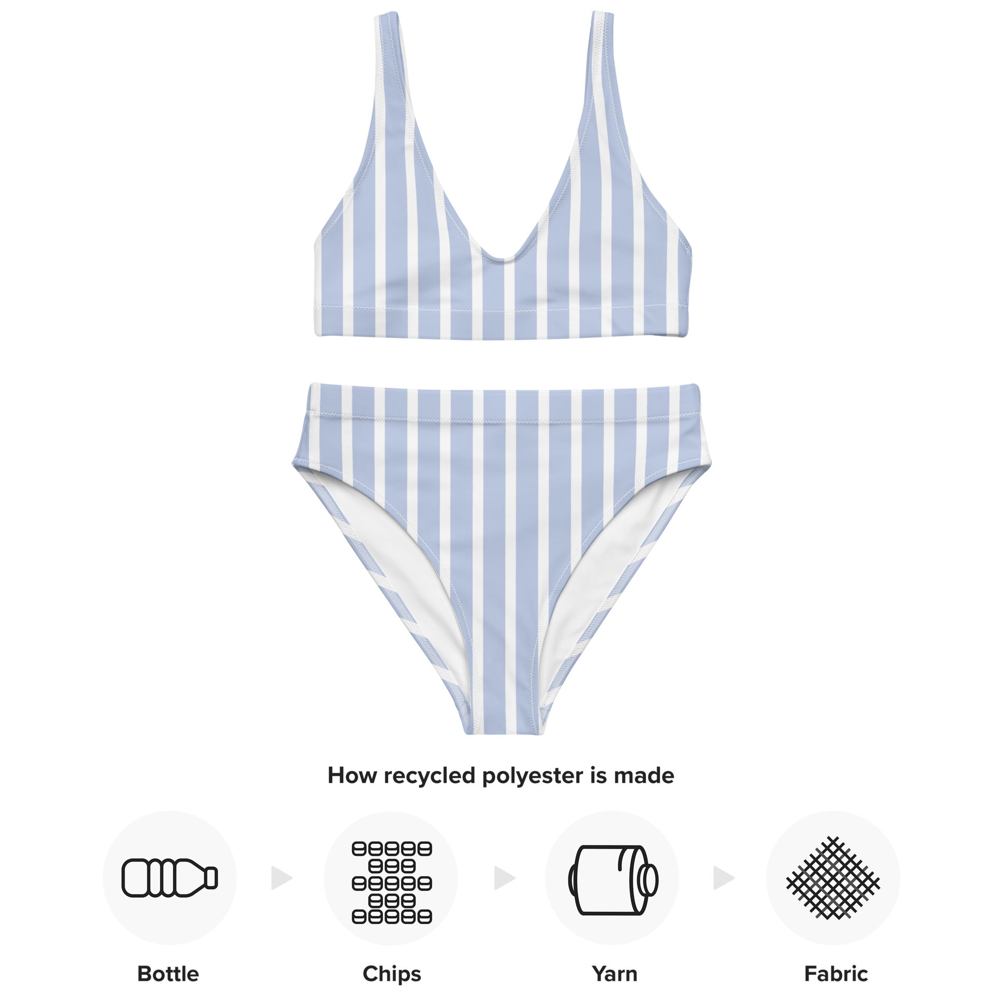 Women’s blue and white striped padded two-piece bikini made of recycled polyester with quick drying fabric and upf 50+