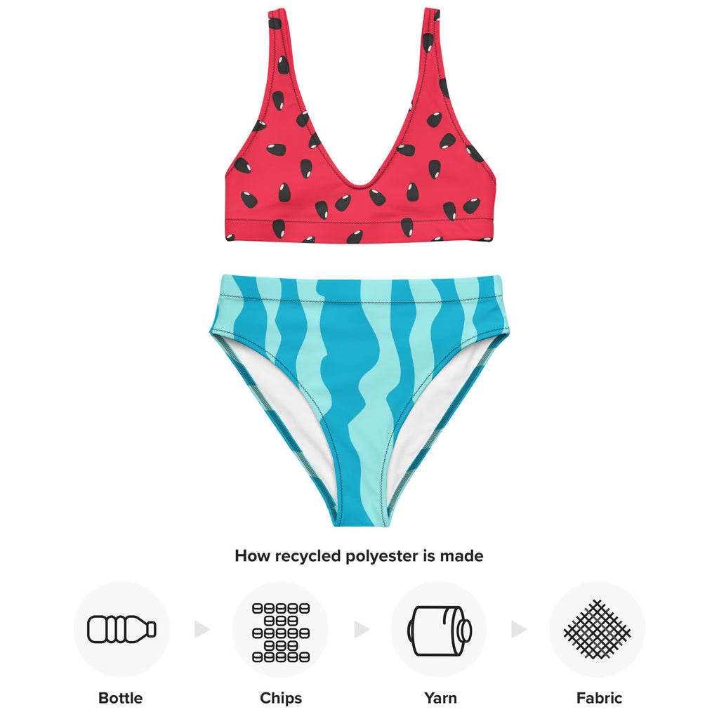Red and blue watermelon themed women’s padded two-piece bikini made from recycled polyester with upf 50 plus