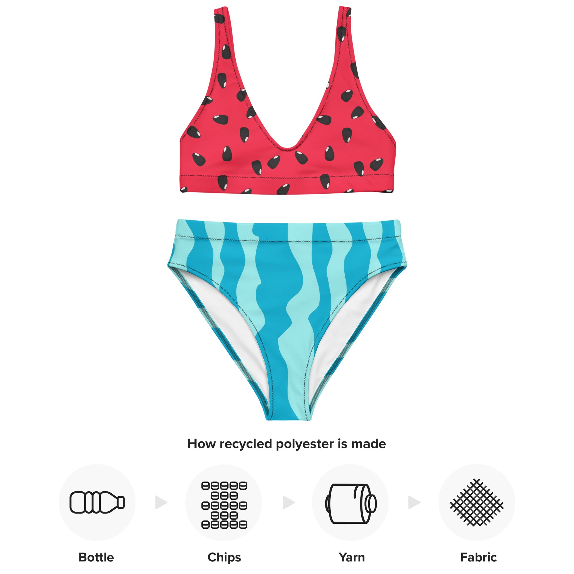 Red and blue watermelon themed women’s padded two-piece bikini made from recycled polyester with upf 50 plus