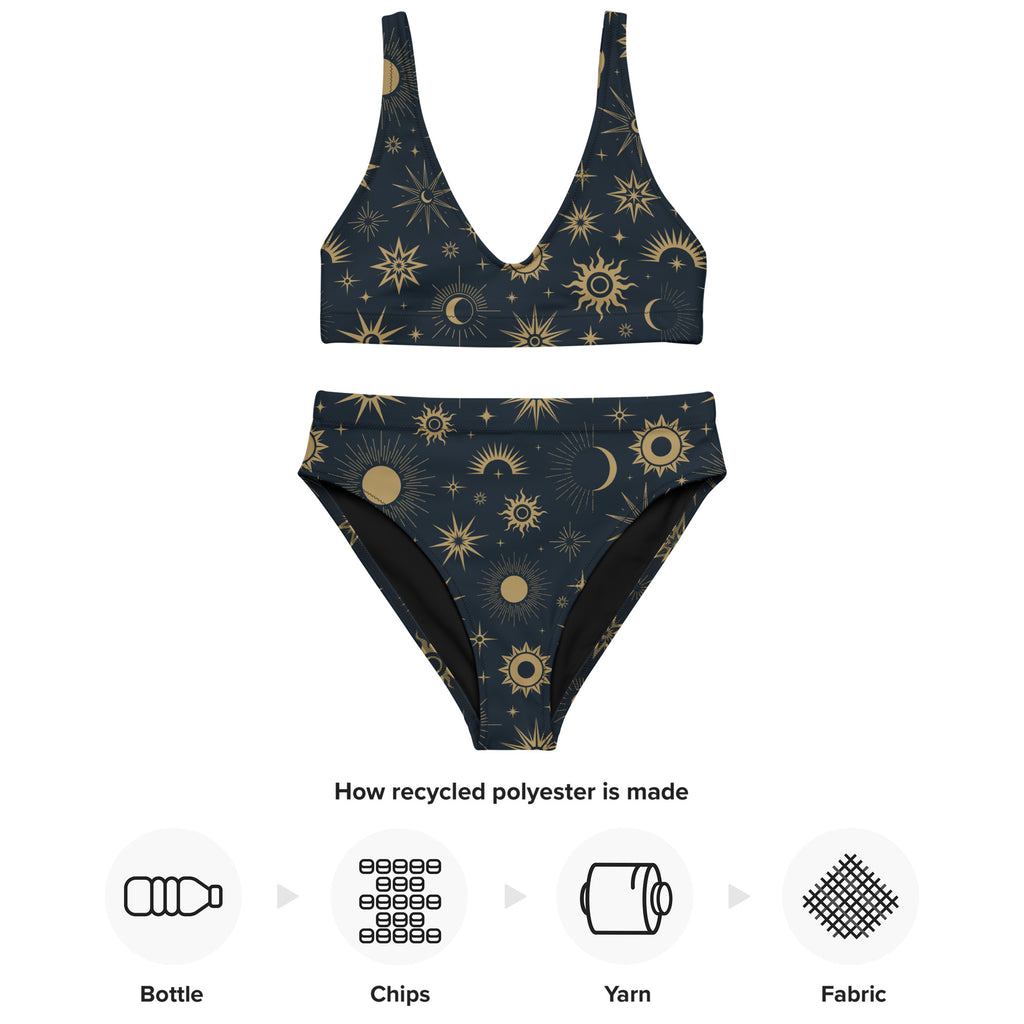 Women’s navy blue and gold celestial bikini set with suns moons stars quick drying recycled fabric upf 50 plus