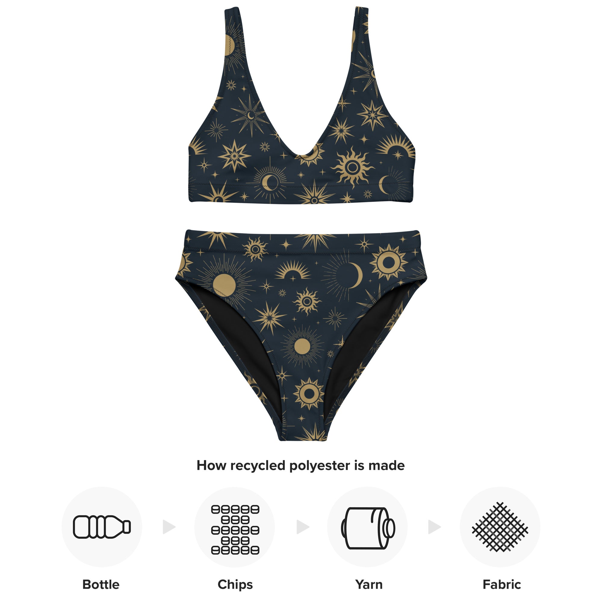 Women’s navy blue and gold celestial bikini set with suns moons stars quick drying recycled fabric upf 50 plus