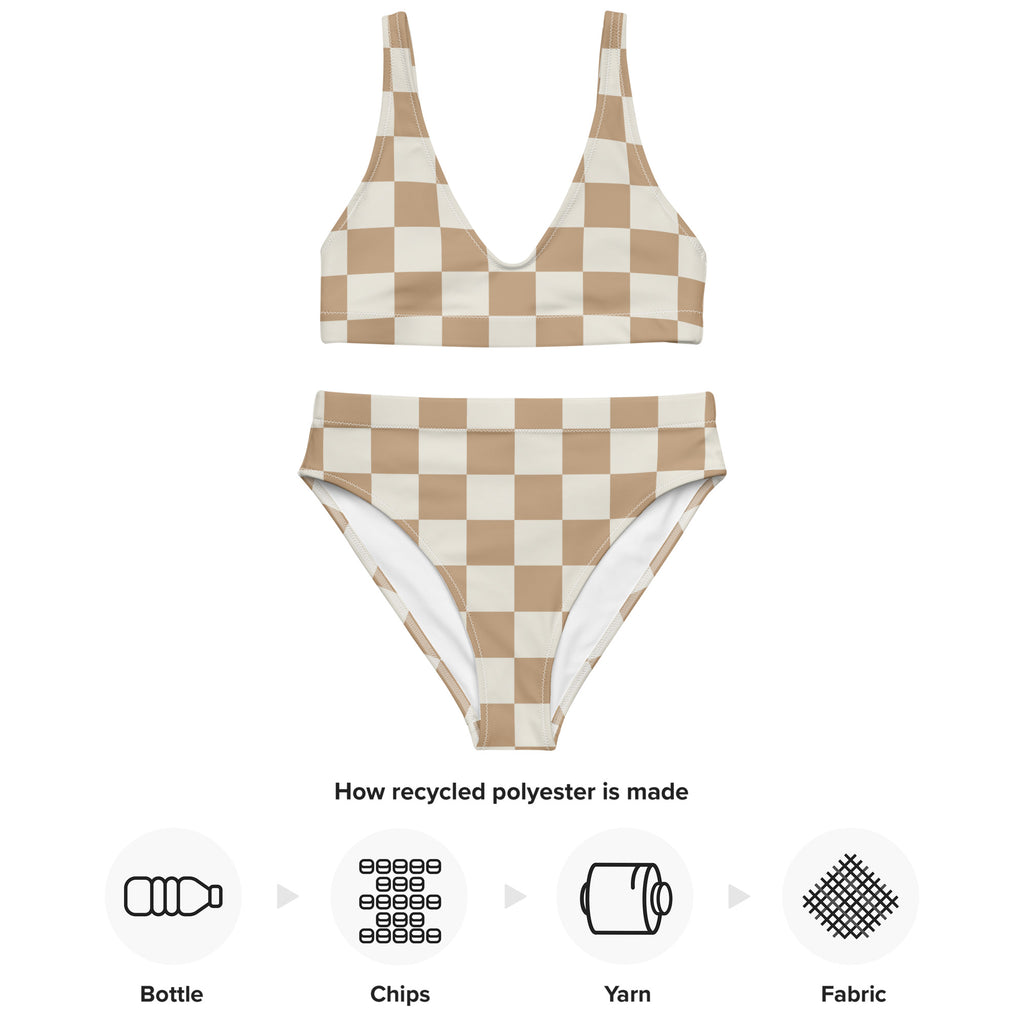 Women's Beige Checkerboard Padded Recycled Bikini - Quick Drying Fabric With UPF 50+