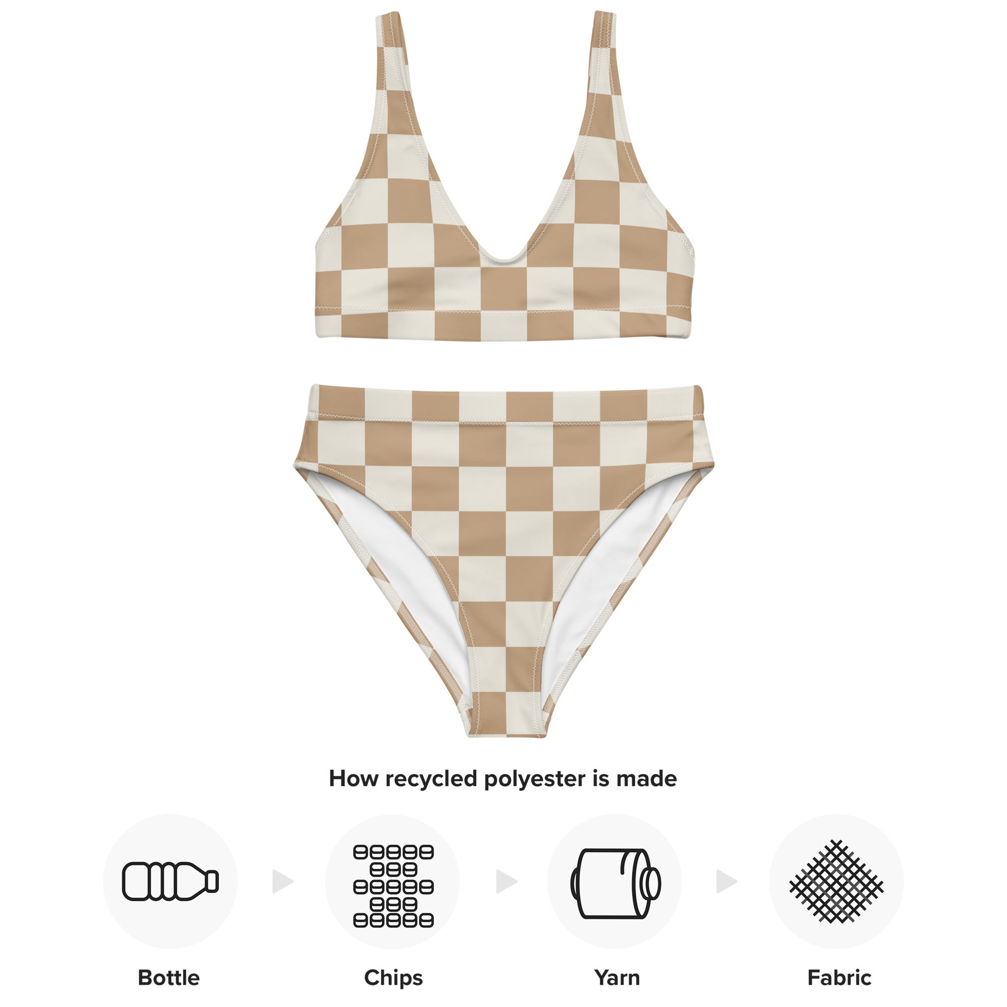 Women's Beige Checkerboard Padded Recycled Bikini - Quick Drying Fabric With UPF 50+