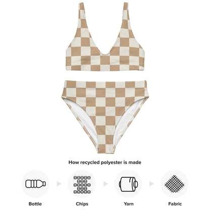 Women's Beige Checkerboard Padded Recycled Bikini - Quick Drying Fabric With UPF 50+
