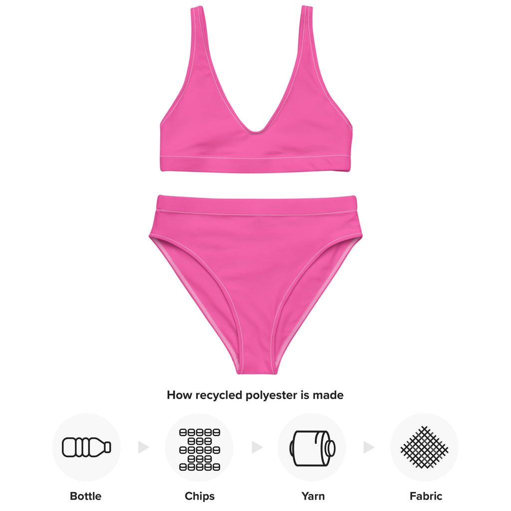 Bright pink women’s two-piece padded bikini made from recycled polyester with quick drying fabric and UPF 50+ protection