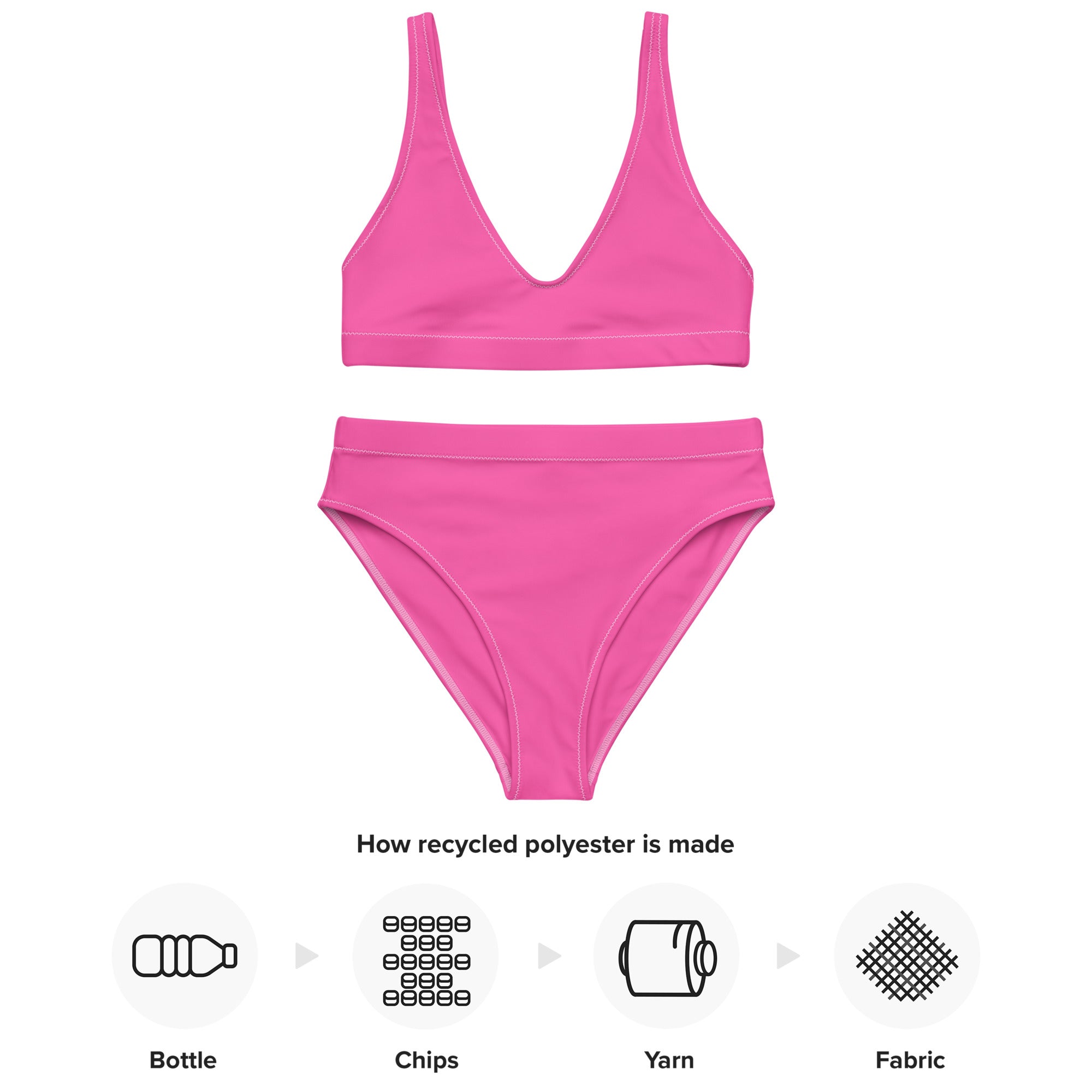 Bright pink women’s two-piece padded bikini made from recycled polyester with quick drying fabric and UPF 50+ protection