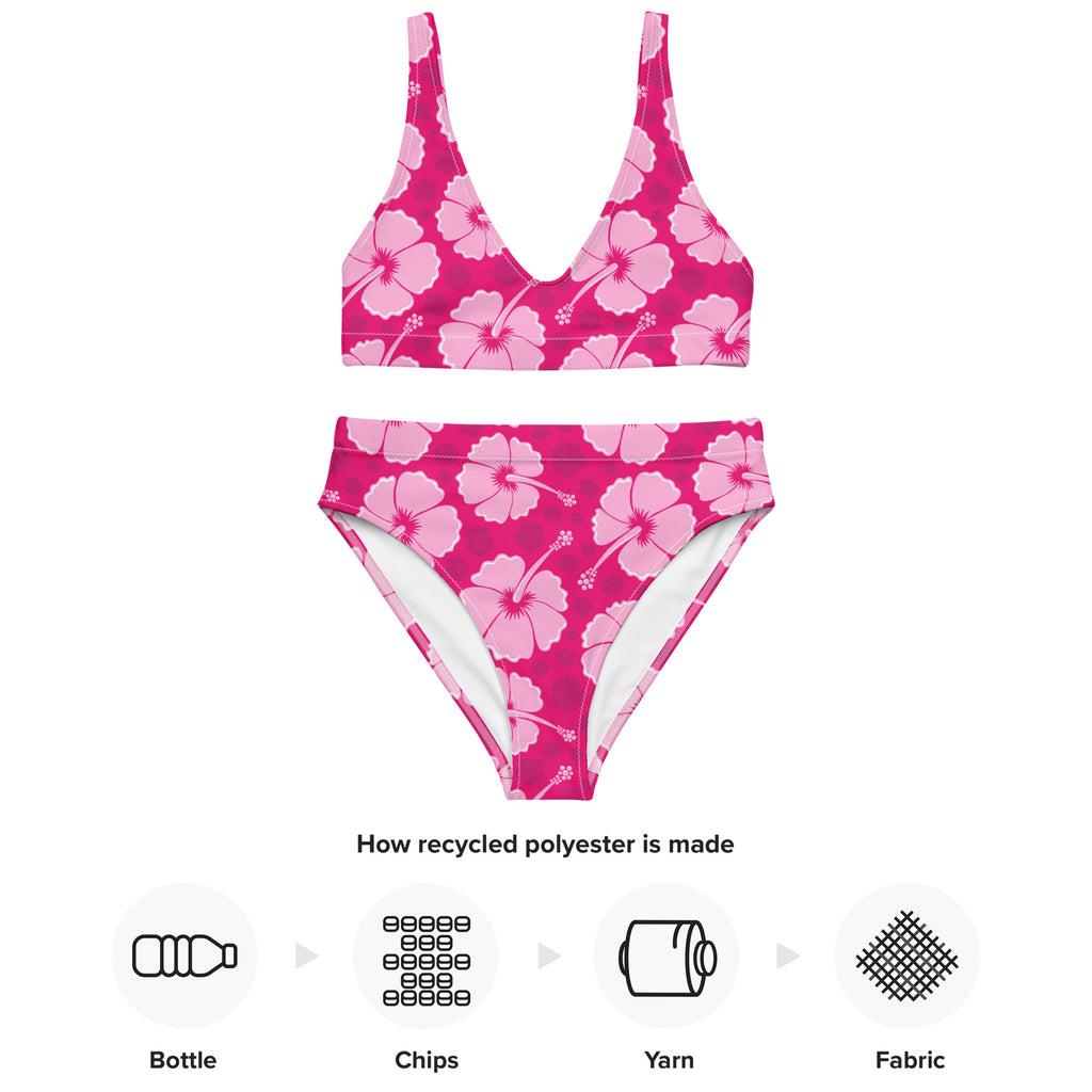 A vibrant pink bikini set with padded recycled fabric featuring a floral hibiscus pattern and upf 50 plus protection