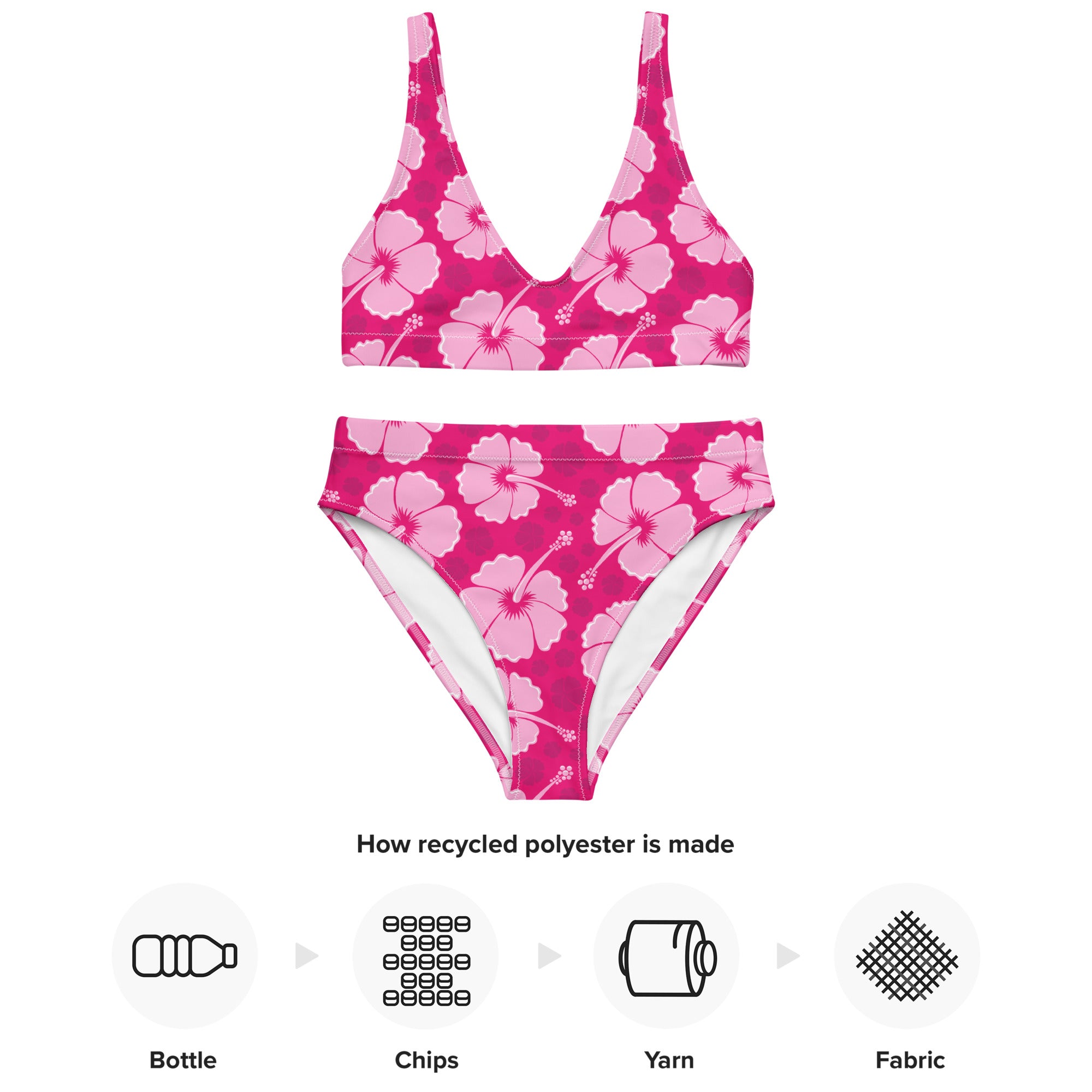 A vibrant pink bikini set with padded recycled fabric featuring a floral hibiscus pattern and upf 50 plus protection