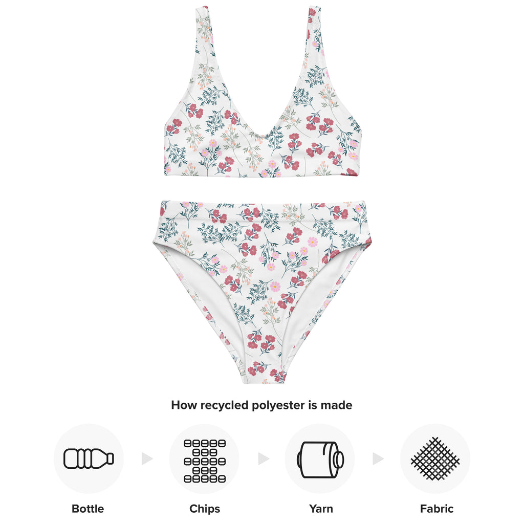 Women’s white vintage floral two-piece swimsuit made from recycled polyester with padded quick drying fabric and upf 50+