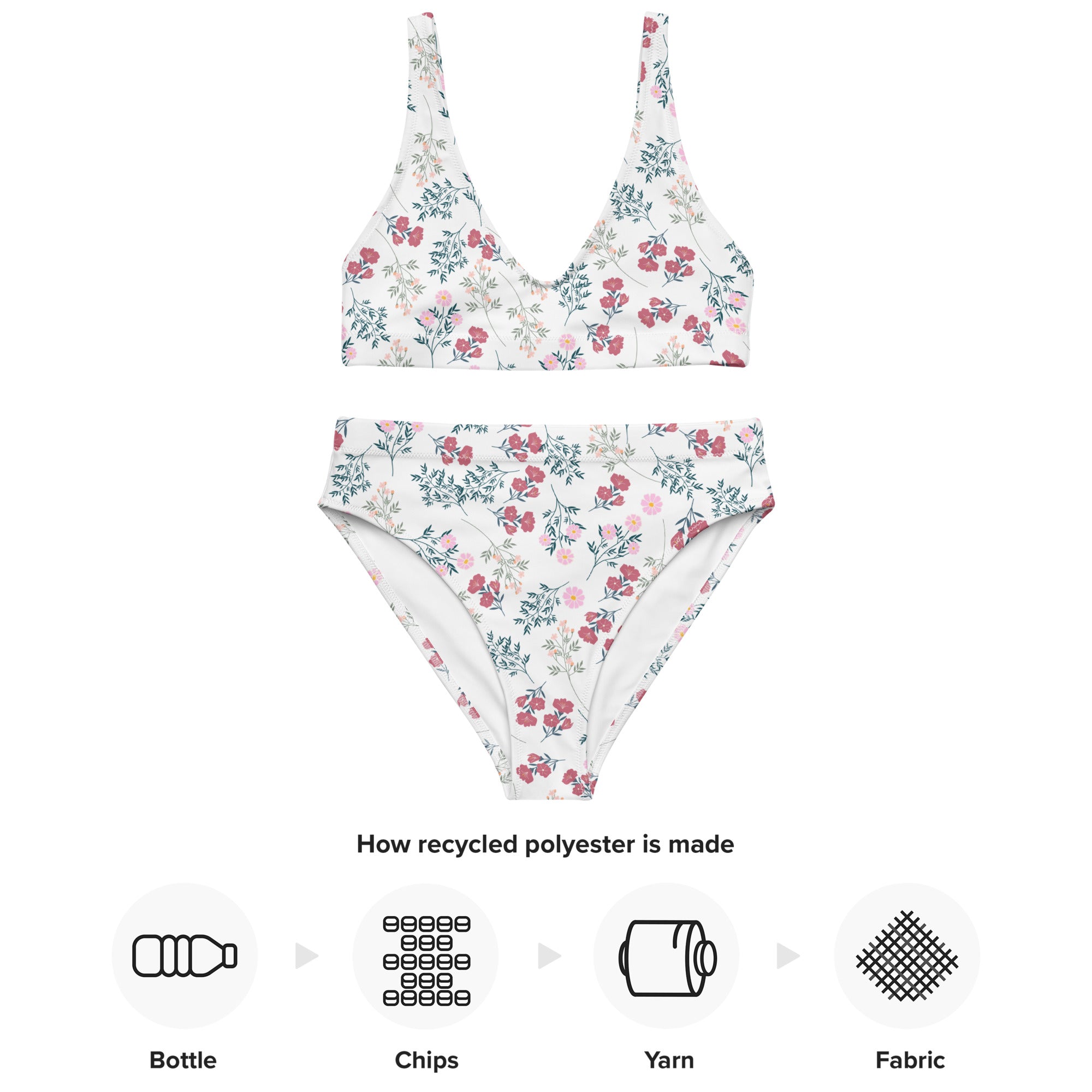 Women’s white vintage floral two-piece swimsuit made from recycled polyester with padded quick drying fabric and upf 50+