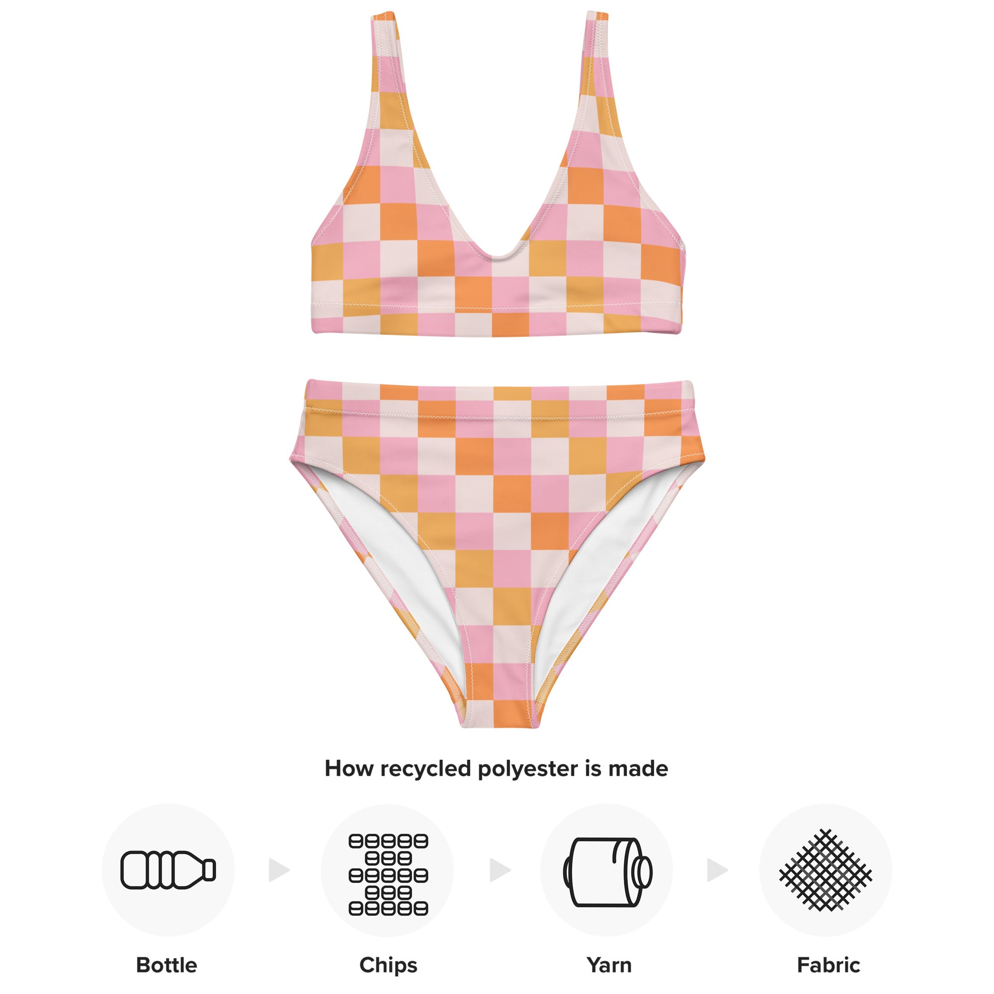 Women's Pastel Pink & Orange Checkerboard Padded Recycled Bikini - Quick Drying Fabric With UPF 50+