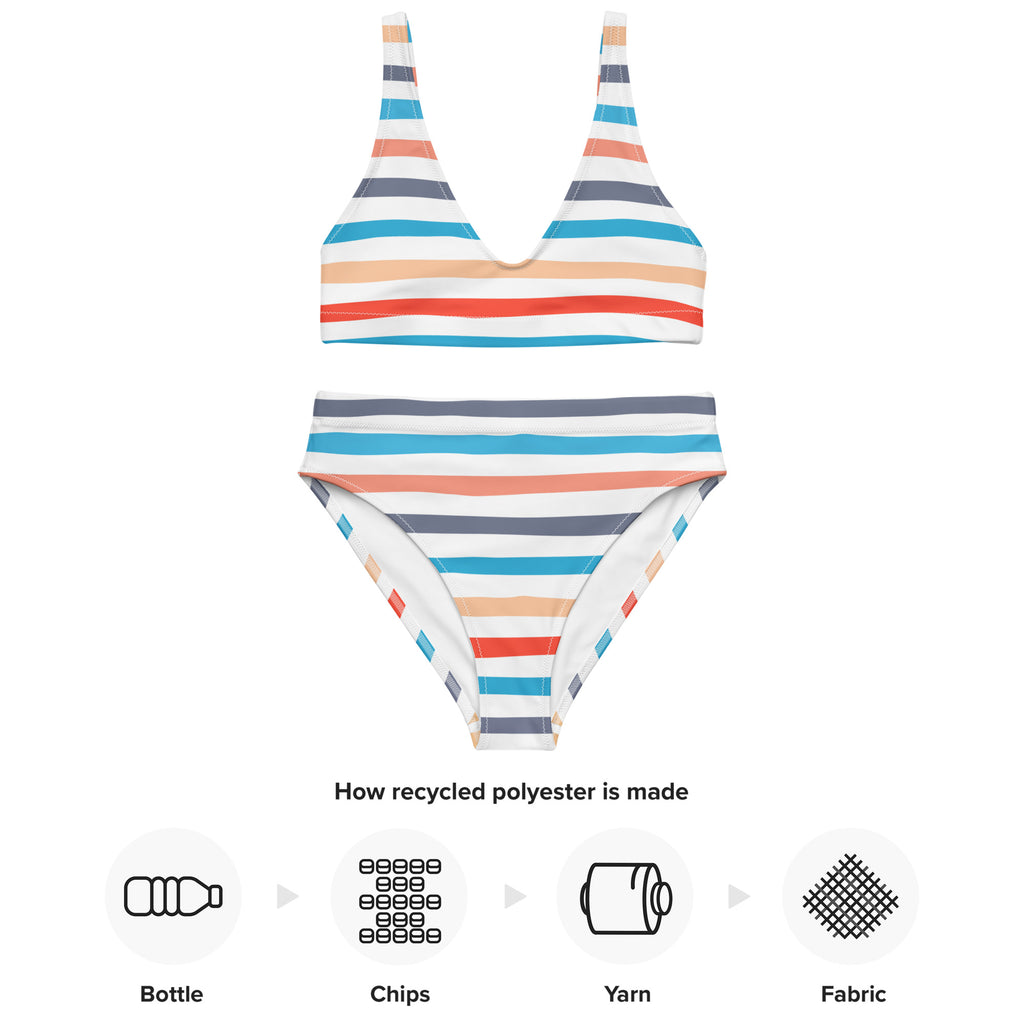 Women’s retro striped padded recycled bikini set in orange blue and gray stripes on white quick drying fabric with upf 50+