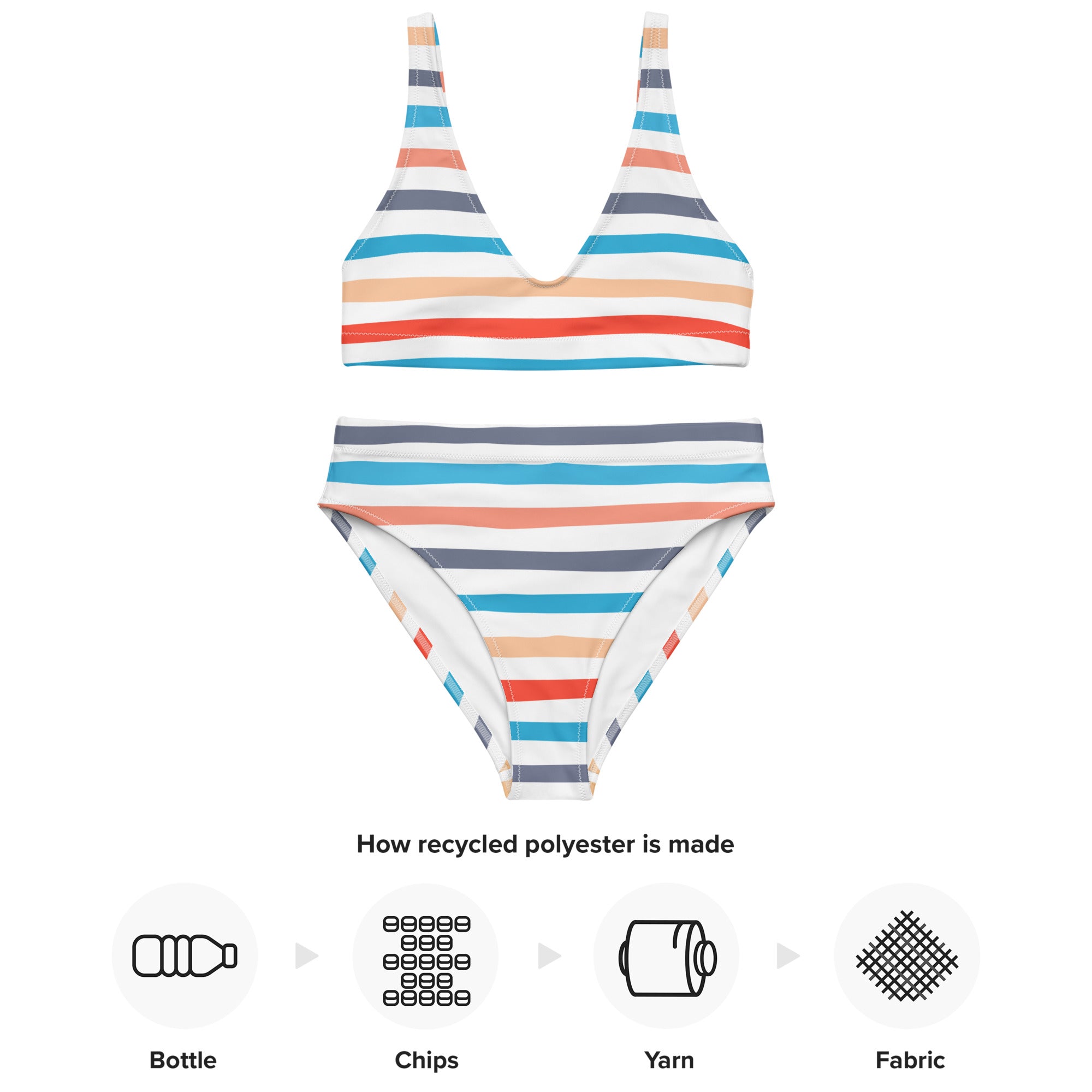 Women’s retro striped padded recycled bikini set in orange blue and gray stripes on white quick drying fabric with upf 50+