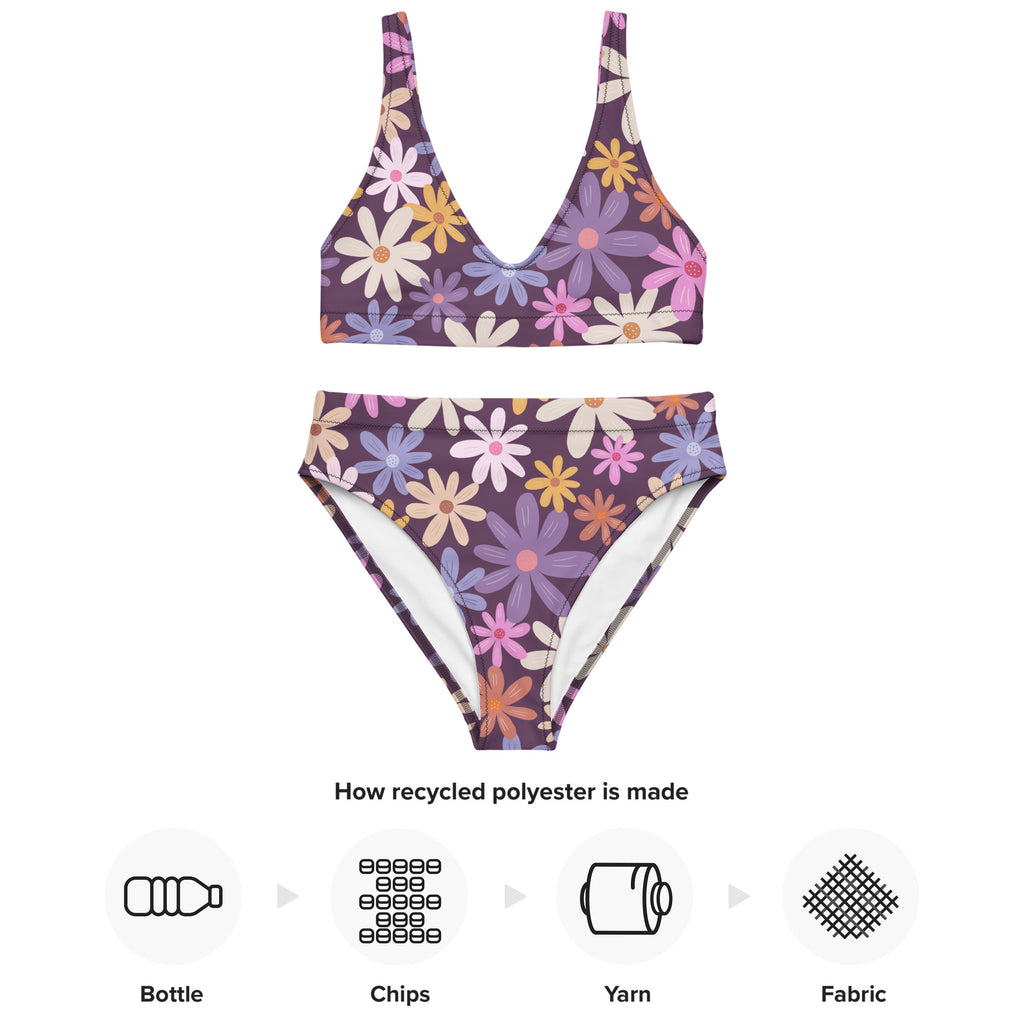Women's Purple Retro Floral Padded Recycled Bikini - Quick Drying Fabric With UPF 50+