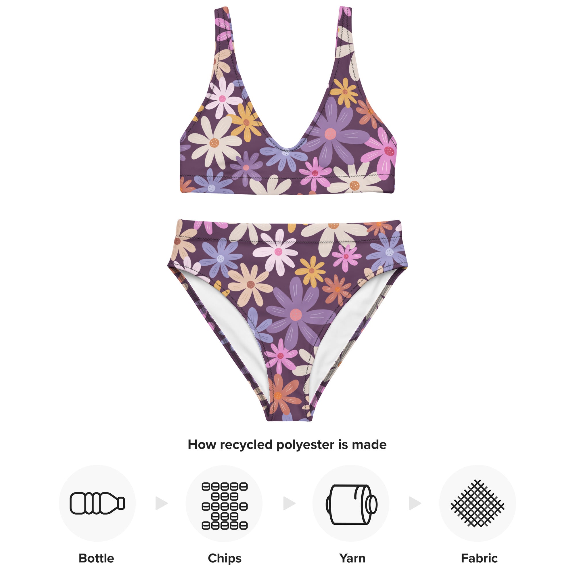 Women's Purple Retro Floral Padded Recycled Bikini - Quick Drying Fabric With UPF 50+