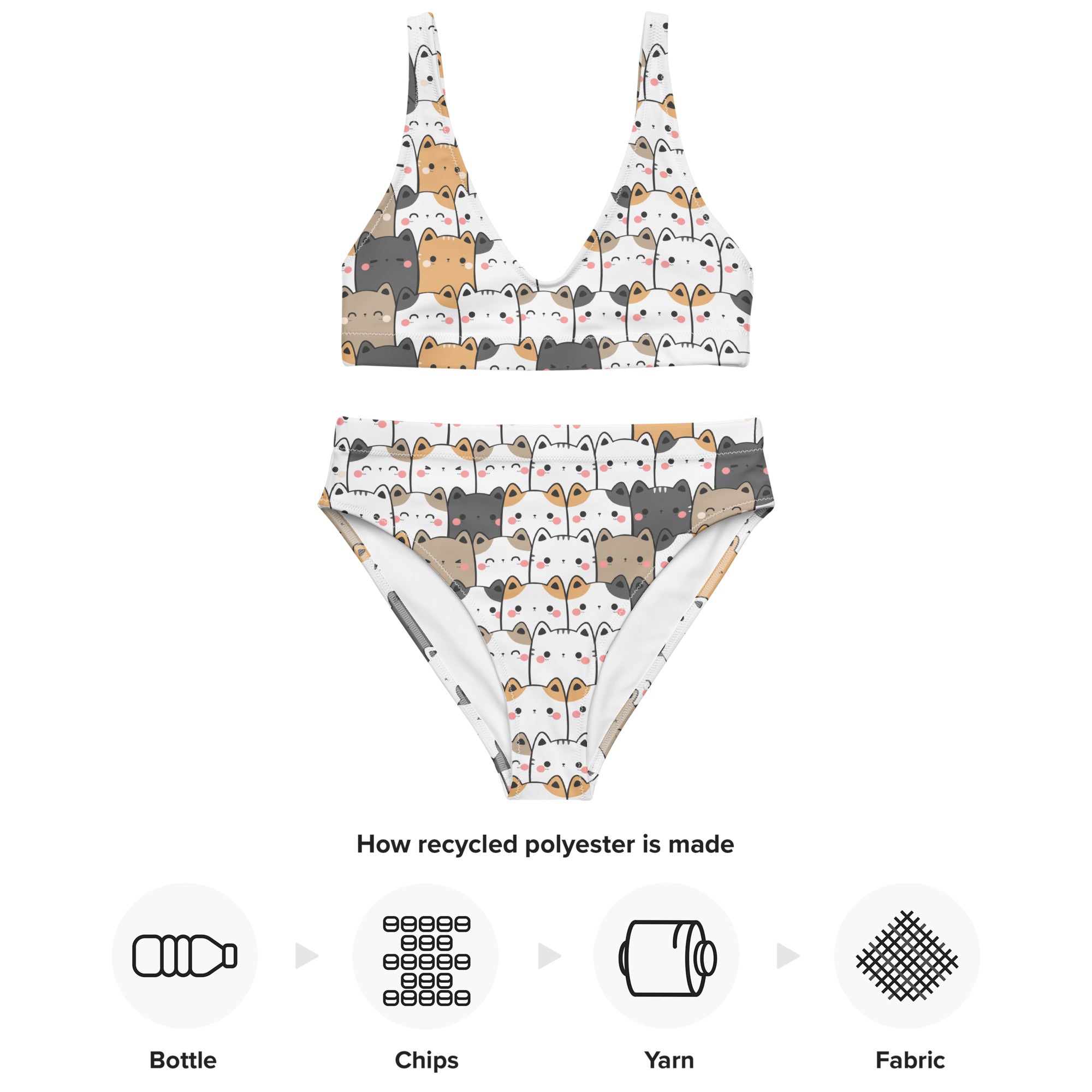 Women's Kawaii Cat Face Padded Recycled Bikini - Quick Drying Fabric With UPF 50+