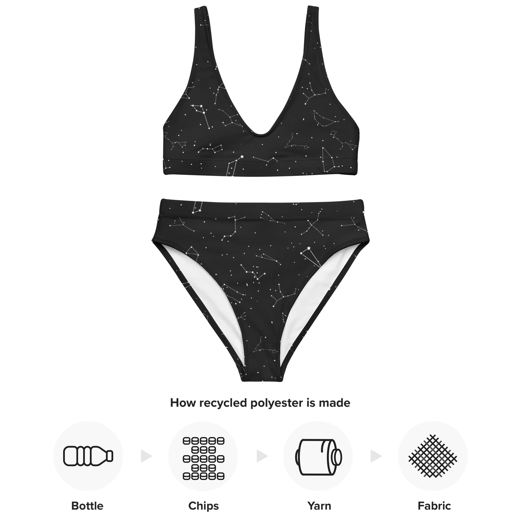Women’s black high-waisted bikini set with white constellation pattern padded recycled fabric upf 50+ quick drying