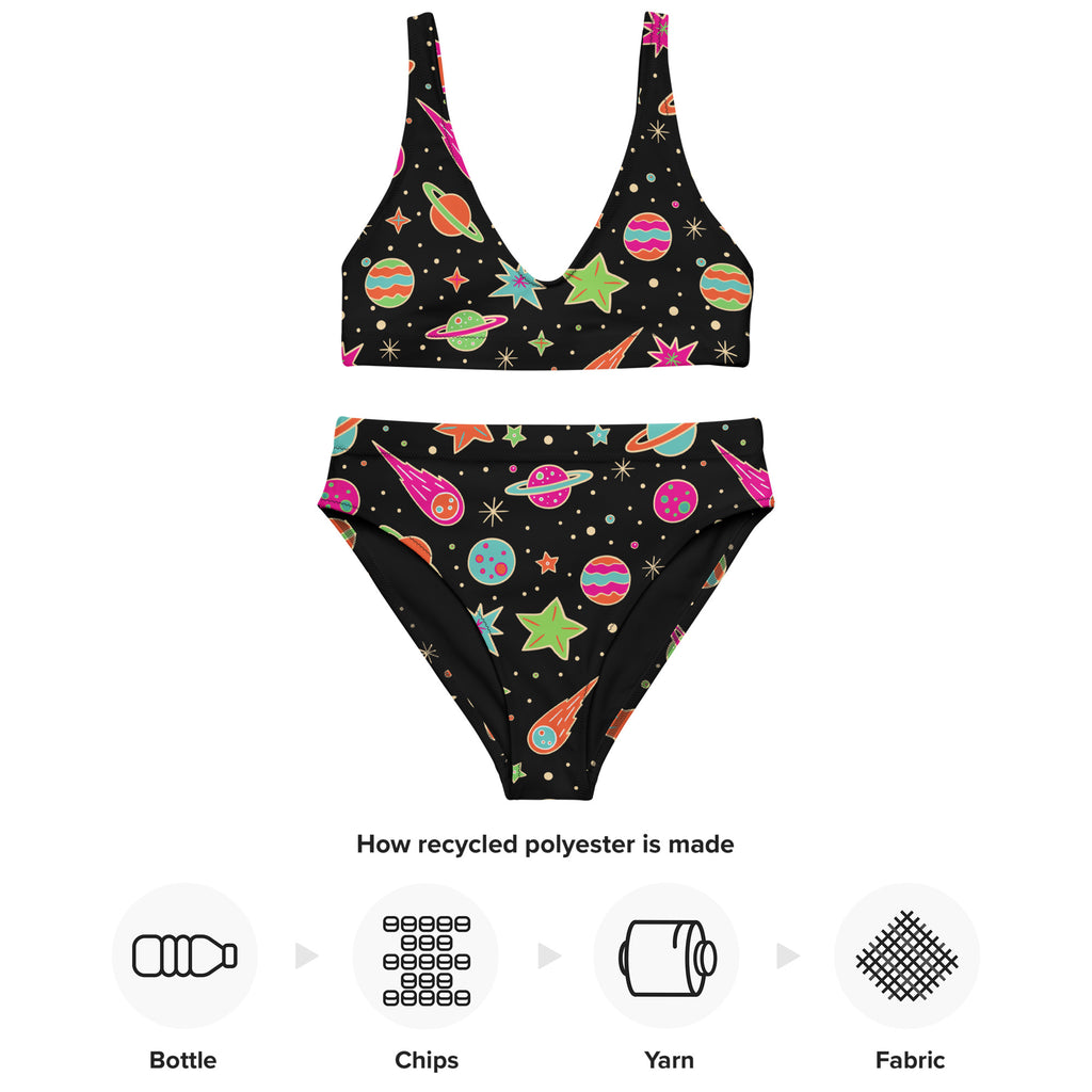 Women’s neon space print padded recycled bikini set in black with colorful planets stars and comets quick drying fabric upf 50+
