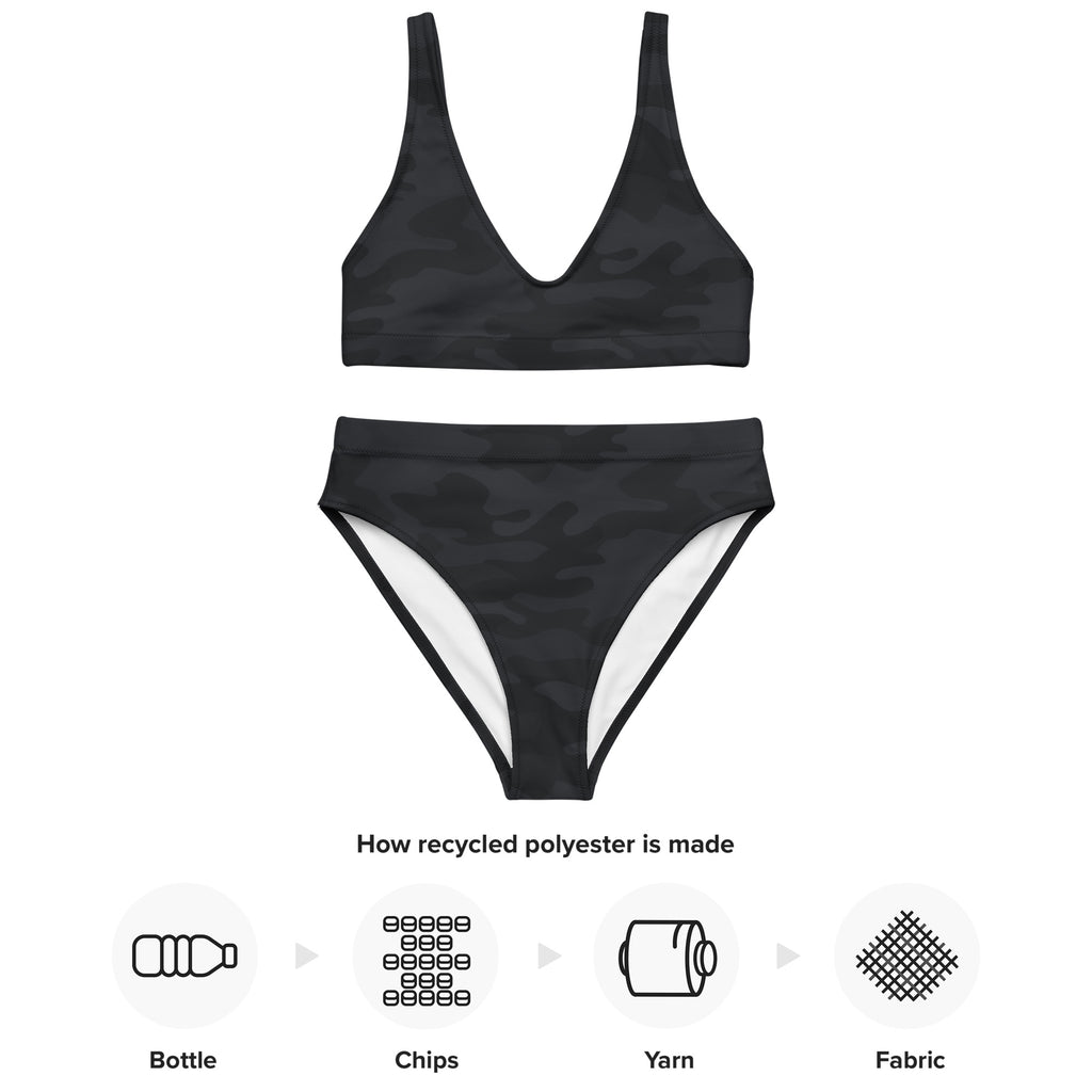 Women’s black camouflage two-piece bikini set with white lining padded recycled fabric quick drying upf 50+